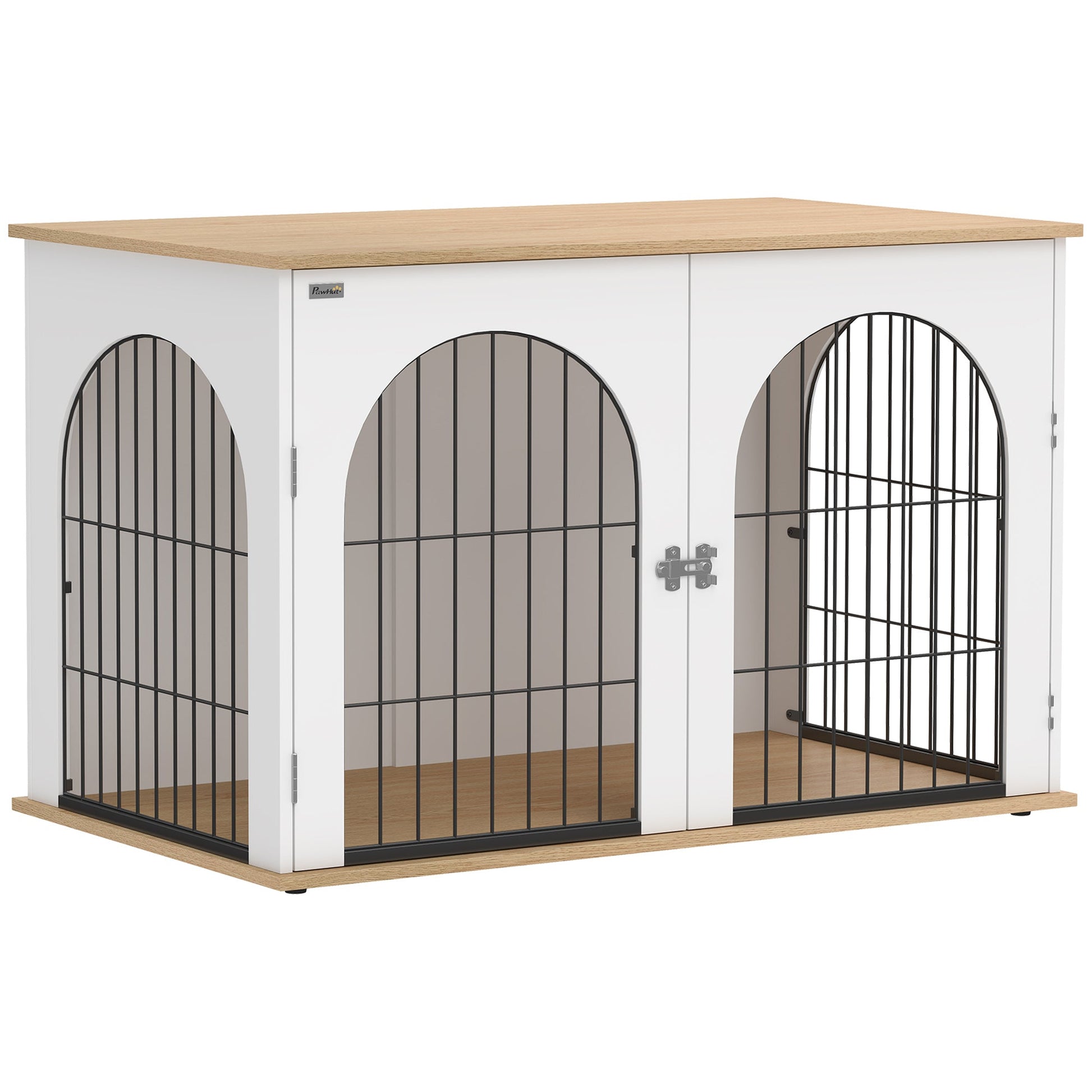 Dog Crate Furniture, Indoor Dog Cage with Double Doors for Large Breeds, Pet Kennel End Side Table with Arched Door Design, 100 x 60 x 69 cm, White