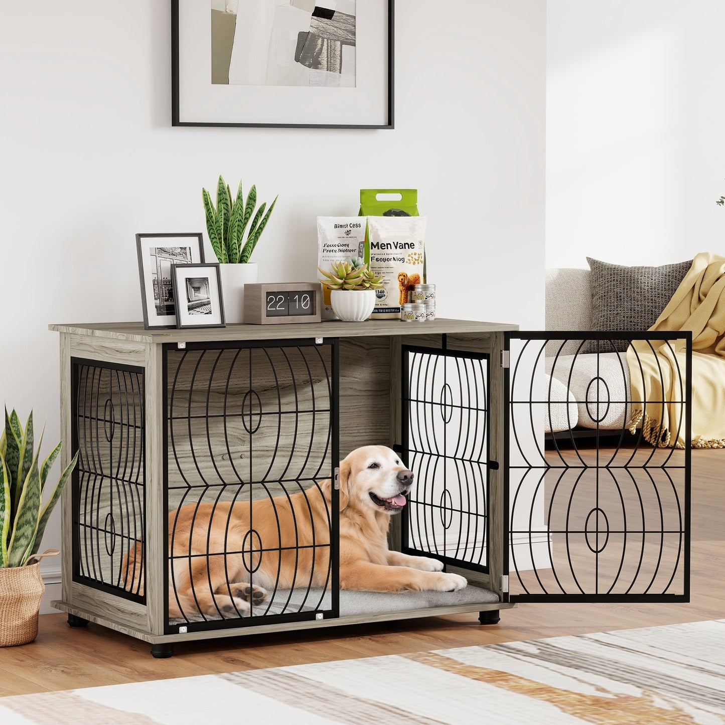 Dog Crate Furniture, Dog Cage End Table with Large Top, Soft Washable Cushion, Lockable Front Door, Wire Mesh Ventilation, Indoor Pet Crate for Large Sized, 100 x 60 x 74cm - Grey