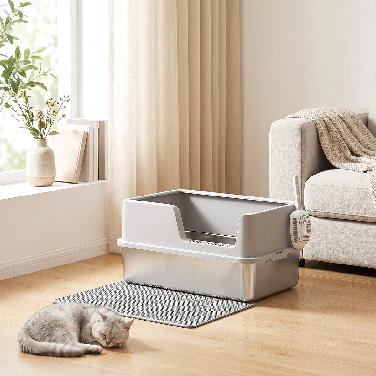 XL Stainless Steel Cat Litter Tray with Lid, High Sided Cat Litter Box with Scoop and Mat for Kittens up to 8 kg, Anti-Spillage, Odor Resistant and Easy to Clean, Light Grey