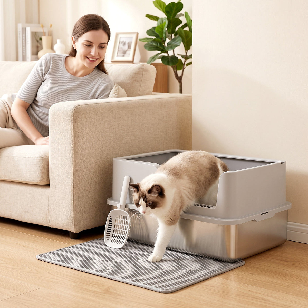 XL Stainless Steel Cat Litter Tray with Lid, High Sided Cat Litter Box with Scoop and Mat for Kittens up to 8 kg, Anti-Spillage, Odor Resistant and Easy to Clean, Light Grey