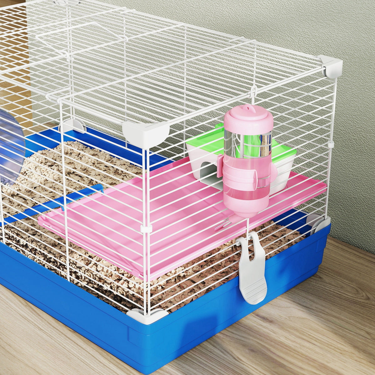 Hamster Cage, Small Gerbil Cage 2 Tiers Portable w/ Handle, Exercise Wheel, Water Bottle, Dishes, Blue