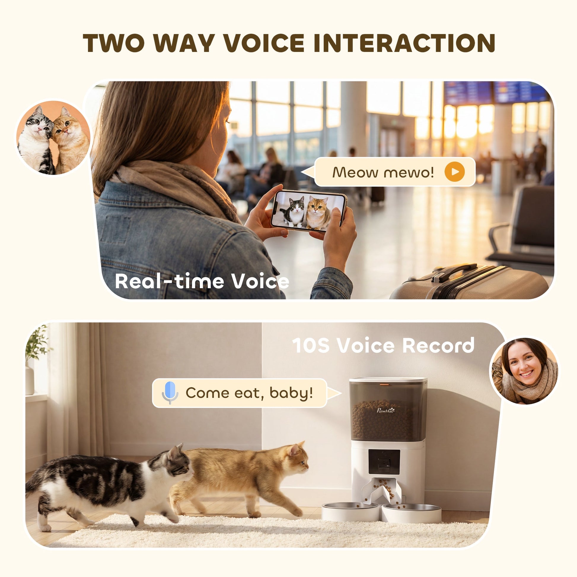 Automatic Cat Feeder with HD Camera for 2 Cats, 6L 2.4G/5G WiFi Smart Pet Food Dispenser with App Control, Timed Pet Feeder with 1-10 Meals Per Day, 10s Voice Recorder, Dual Power Supply