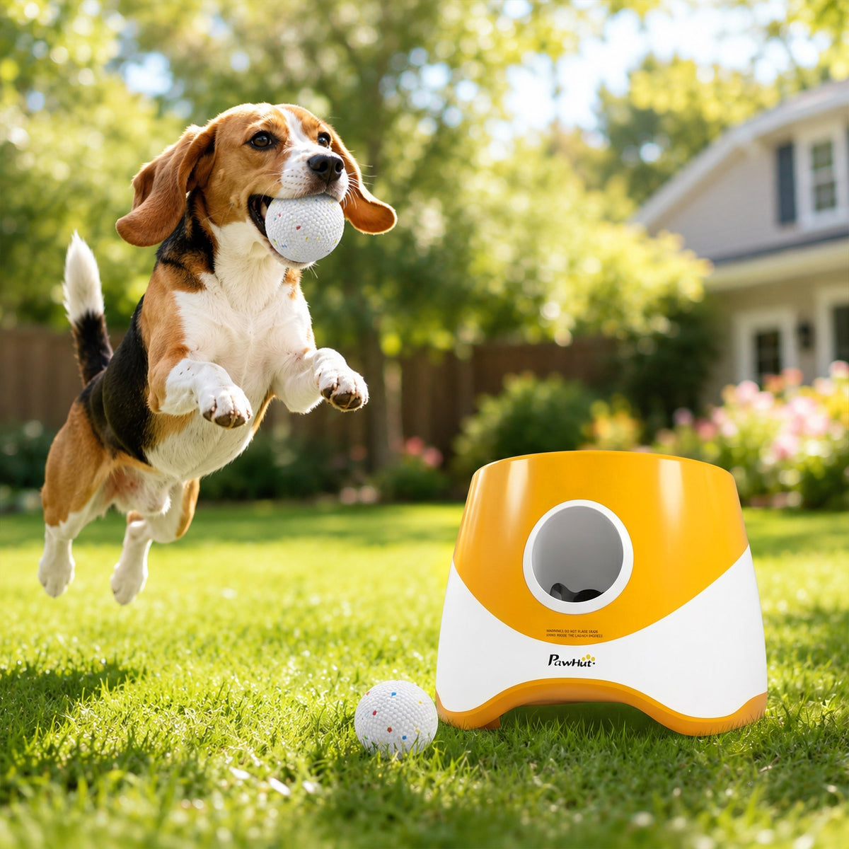 Automatic Dog Ball Launcher with 5 ETPU Balls, Dog Ball Thrower with 3 Distance Settings (6/10/14 m), Indoor Outdoor Interactive Toy for Small Medium Dogs, Orange