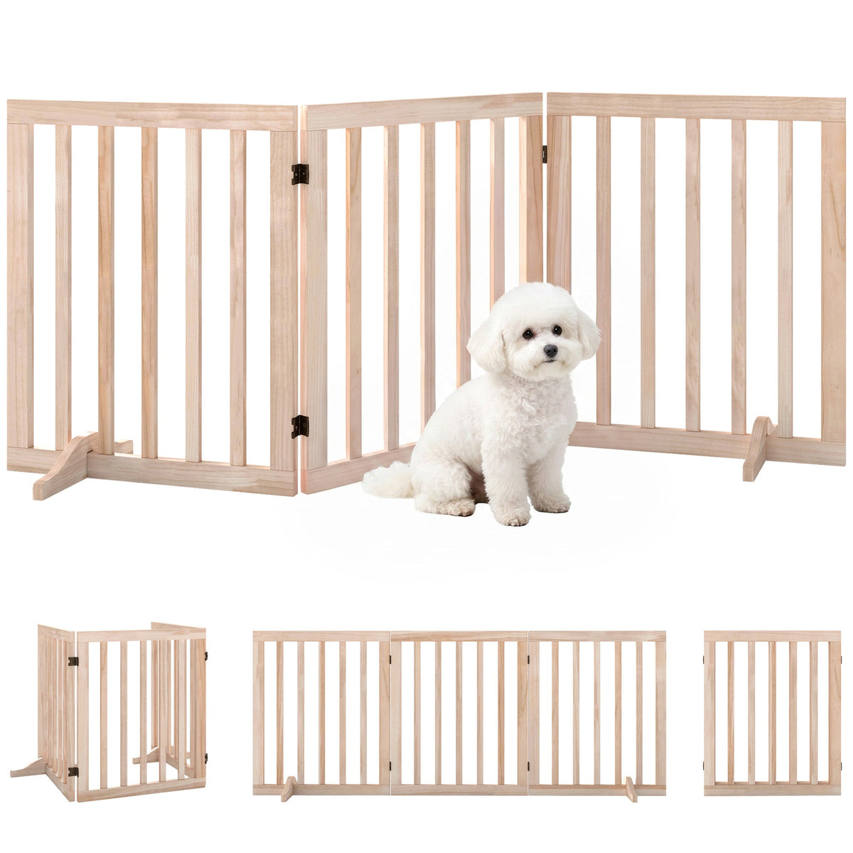 Wooden Dog Gate, 3-Panel Freestanding Pet Gates Indoor with 2 Support Feet and 360° Flexible Hinges, Foldable Dog Barrier for Stairs, Doorways, Bedrooms, 61H cm, Natural