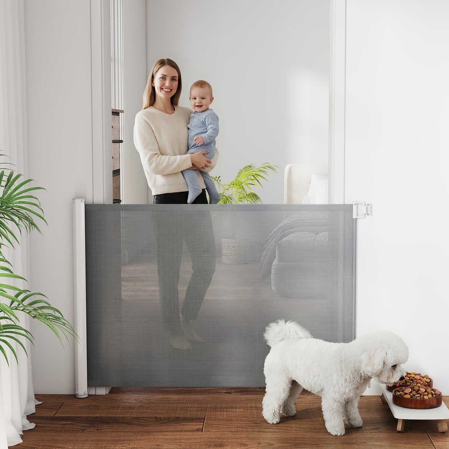 Retractable Stair Gate for Dogs, Pet Mesh Safety Gate, 82.5cm Tall, Extends up to 115cm for Doorways, Stairs, Hallways, Indoor Outdoor, Grey