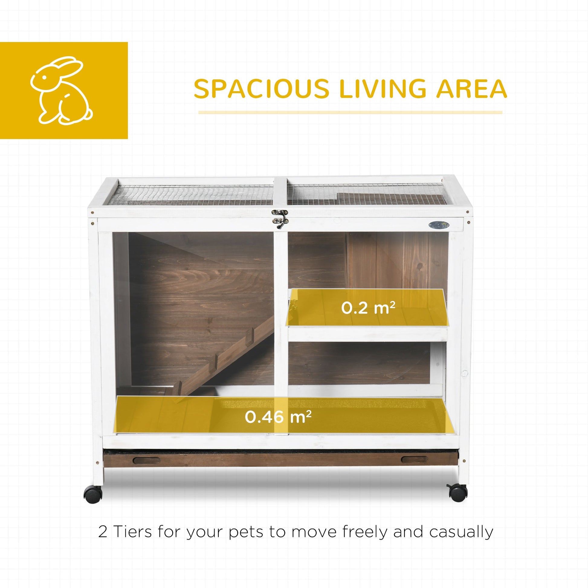 Rabbit Hutch Indoor Wooden Guinea Pig House Hamster Cage with Wheels, 2 Layers Bunny Cage with Openable Roof, 91.5 x 53.3 x 73 cm, Brown