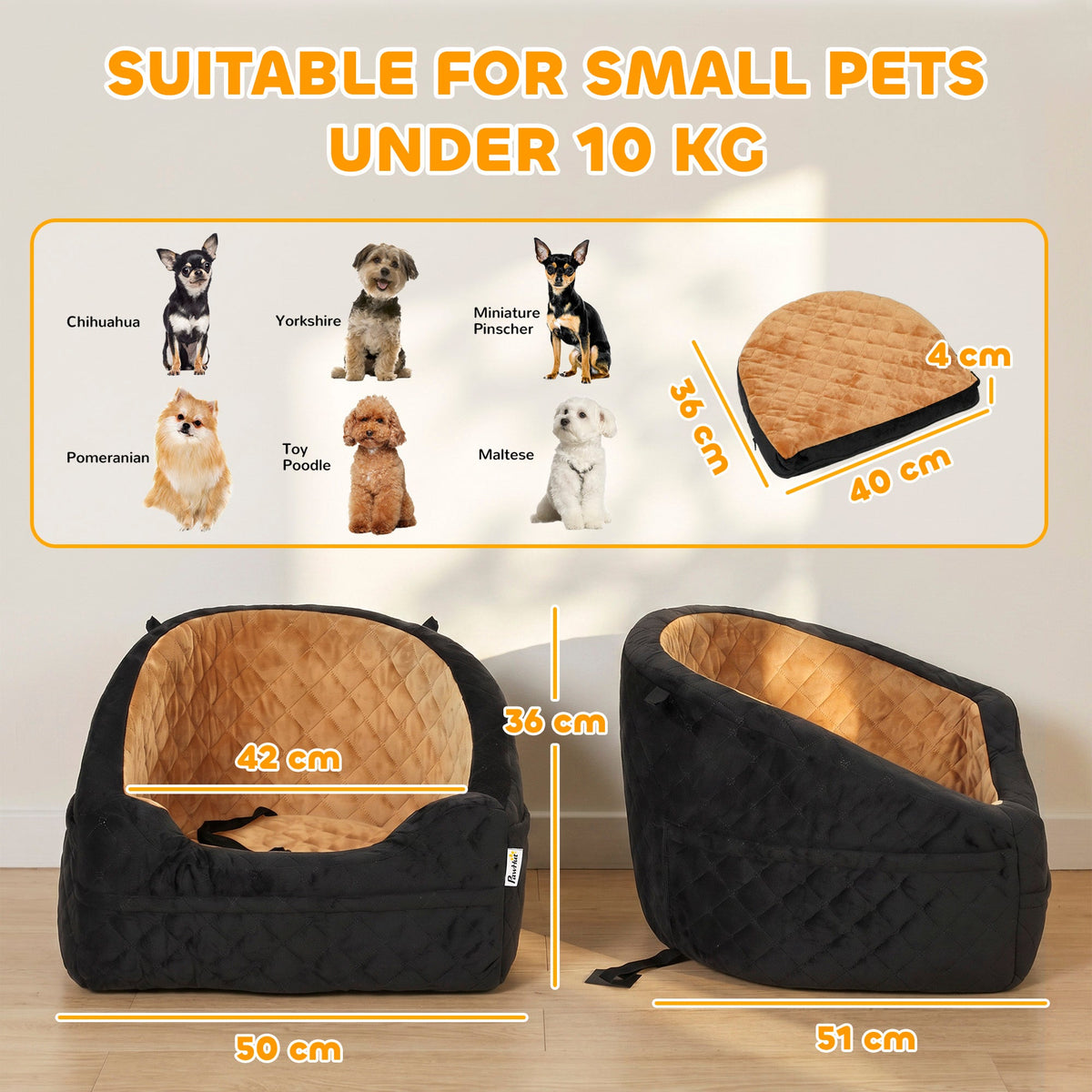 Dog Car Seat for Small Breeds Under 10kg, Dog Booster Seat Detachable Washable with Seat Belt, Thick Cushion, Portable Pet Travel Bed with Storage Pockets, Brown