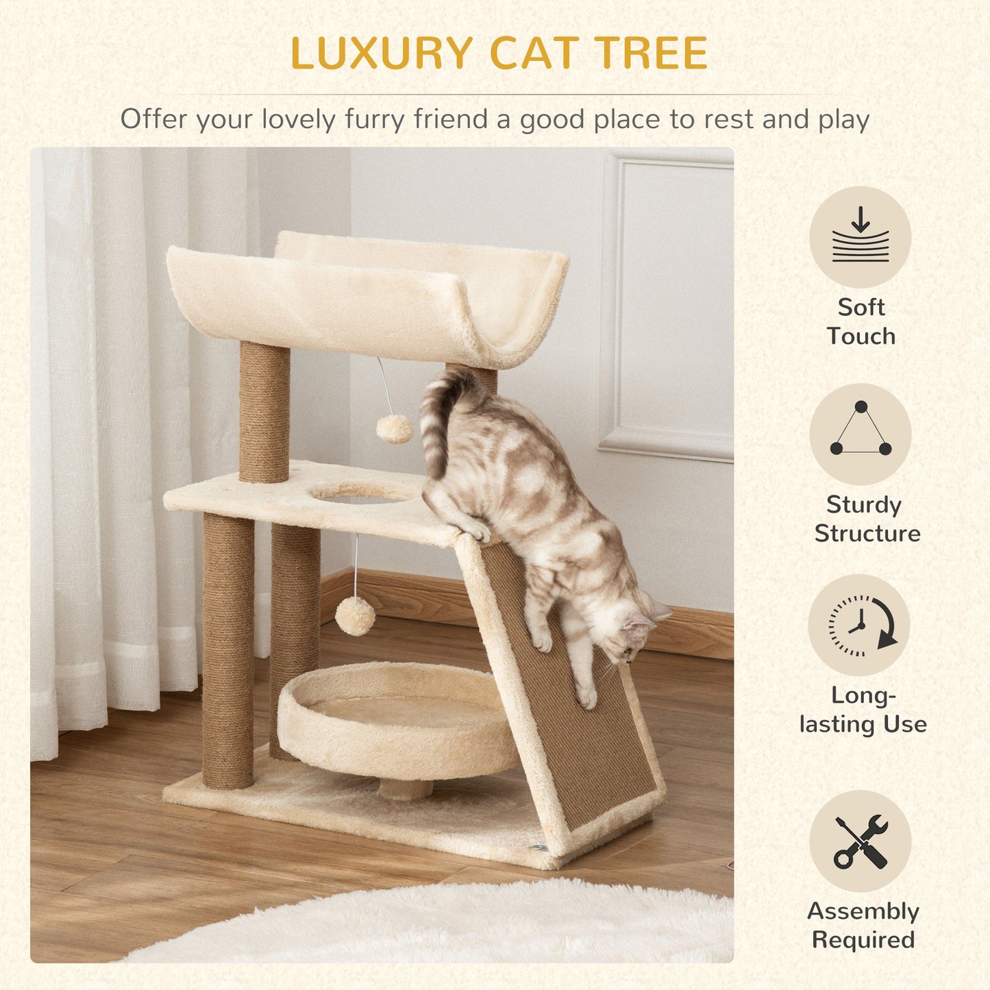 Cat Tree for Indoor Cats with Scratching Posts Pad, Kitten Tower with Bed Perch Ball Toy, 60 x 30 x 76 cm, Light Brown