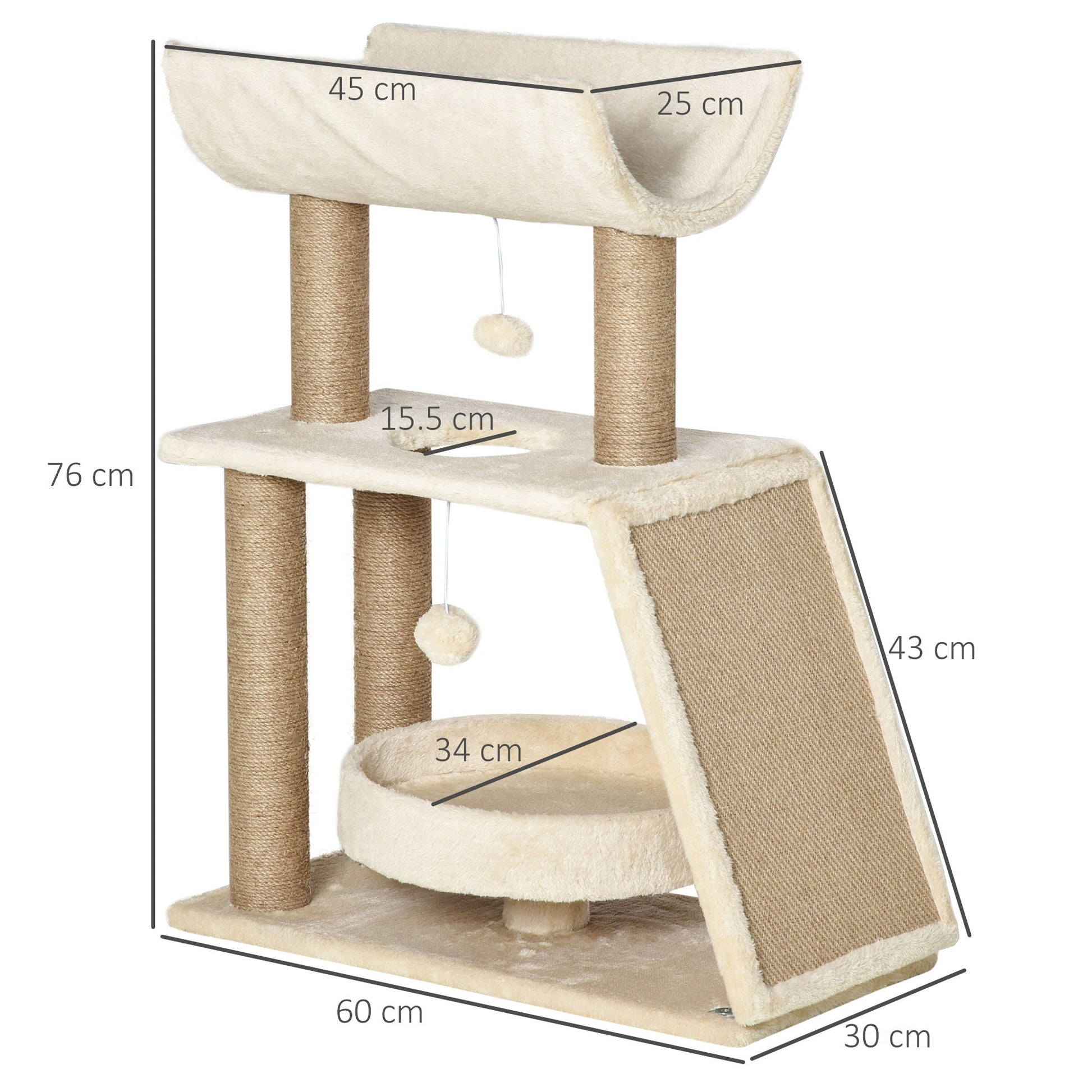 Cat Tree for Indoor Cats with Scratching Posts Pad, Kitten Tower with Bed Perch Ball Toy, 60 x 30 x 76 cm, Light Brown