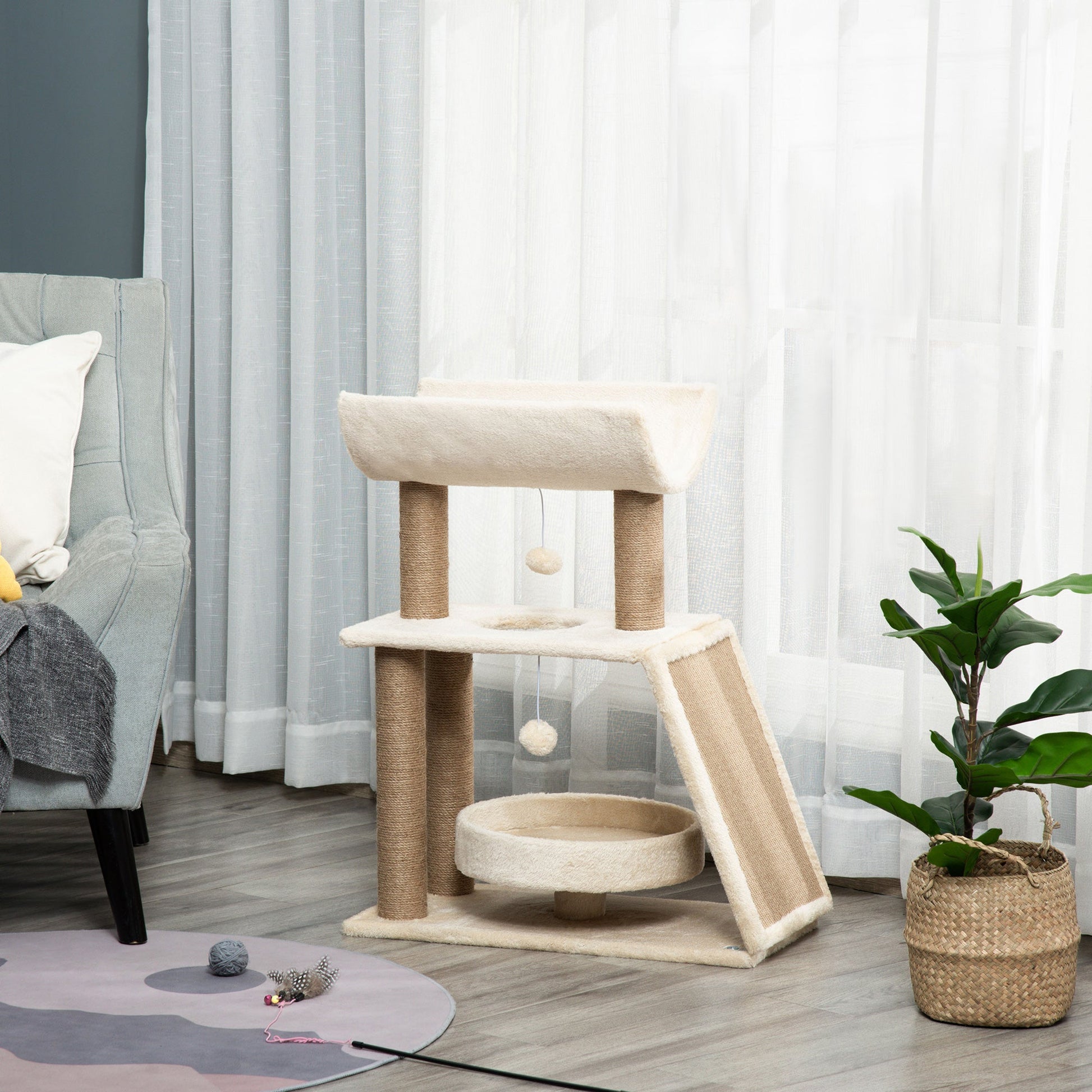 Cat Tree for Indoor Cats with Scratching Posts Pad, Kitten Tower with Bed Perch Ball Toy, 60 x 30 x 76 cm, Light Brown