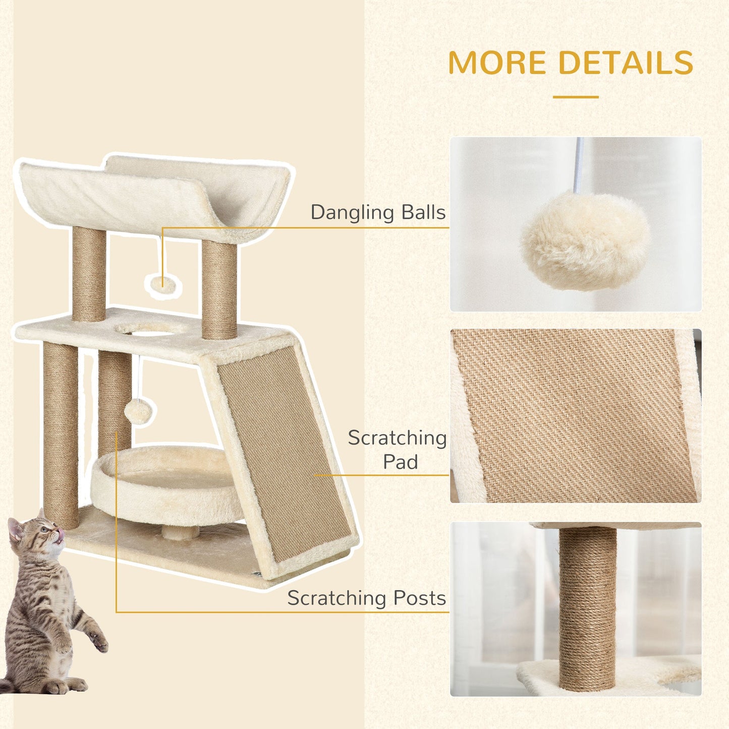 Cat Tree for Indoor Cats with Scratching Posts Pad, Kitten Tower with Bed Perch Ball Toy, 60 x 30 x 76 cm, Light Brown
