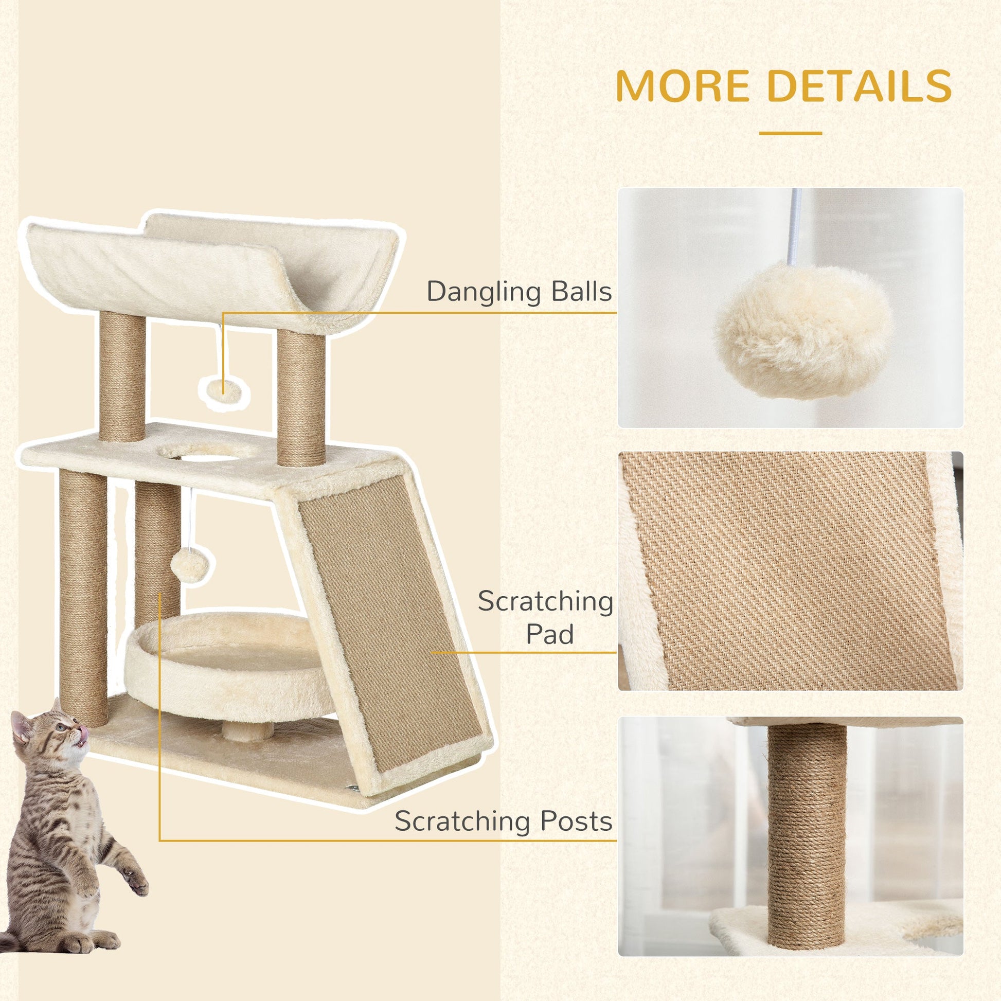 Cat Tree for Indoor Cats with Scratching Posts Pad, Kitten Tower with Bed Perch Ball Toy, 60 x 30 x 76 cm, Light Brown