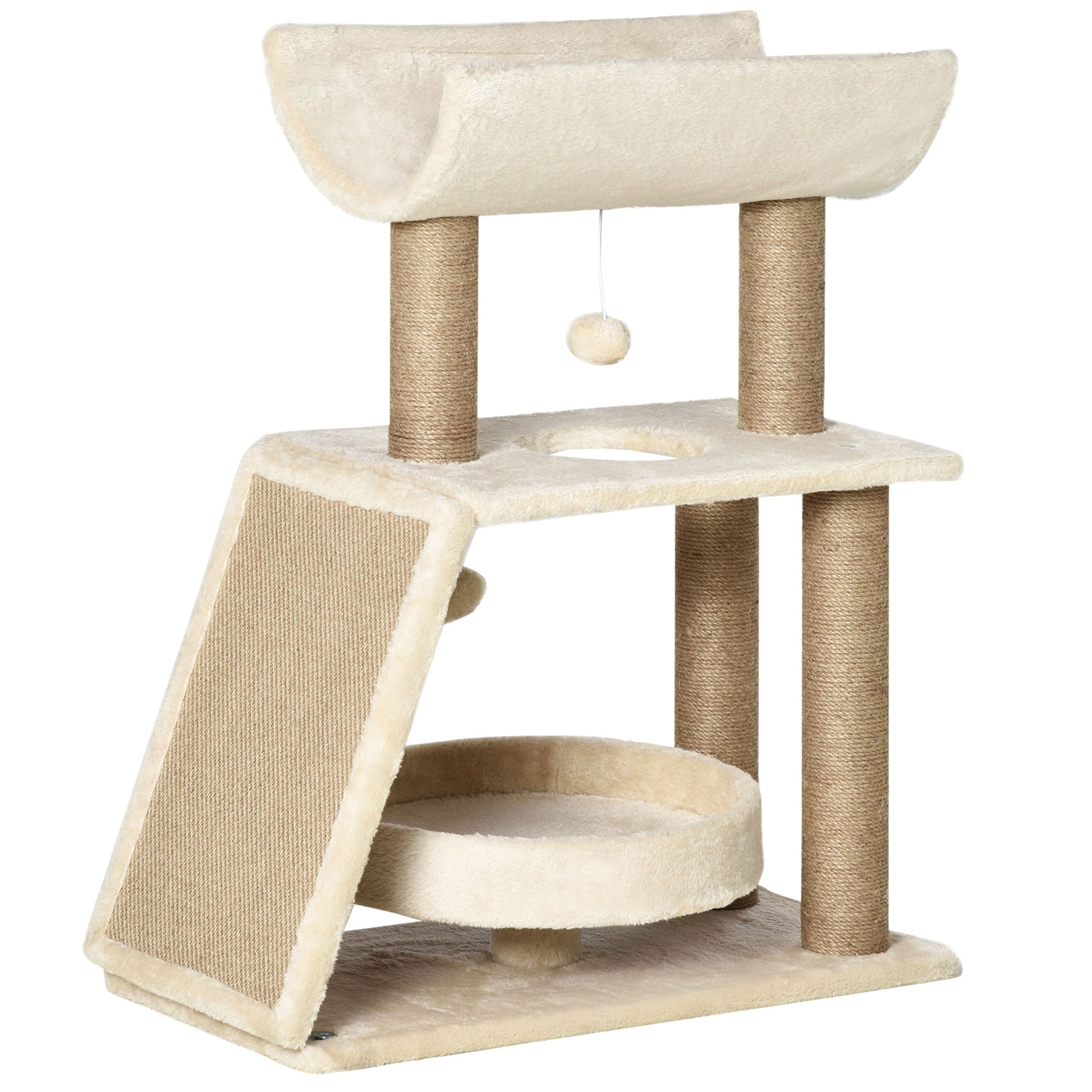 Cat Tree for Indoor Cats with Scratching Posts Pad, Kitten Tower with Bed Perch Ball Toy, 60 x 30 x 76 cm, Light Brown