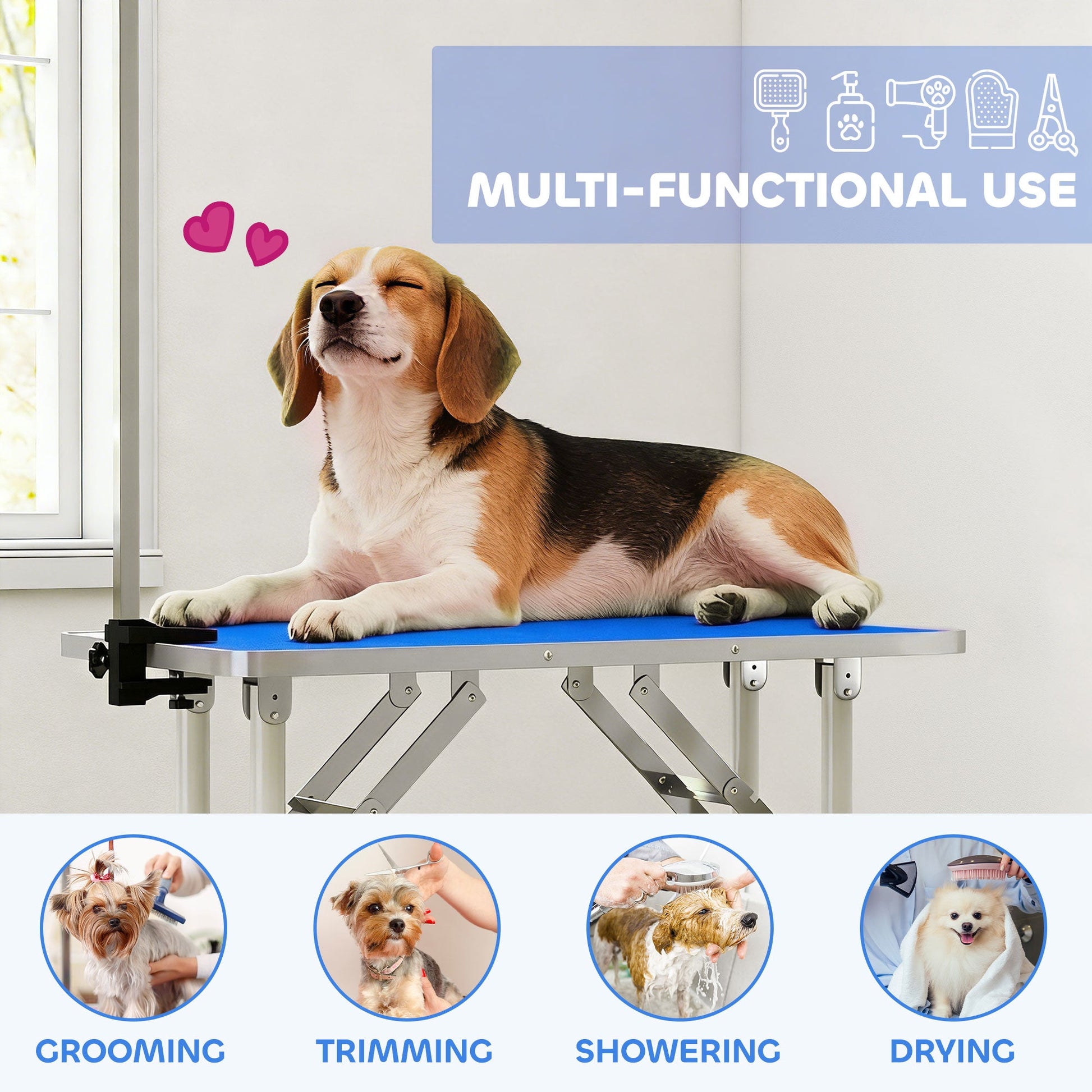 Foldable Dog Grooming Table, 32" Portable Pet Grooming Table with Height Adjustable Arm and Anti-Slip Rubber Top for Small Medium Dogs and Cats, Blue