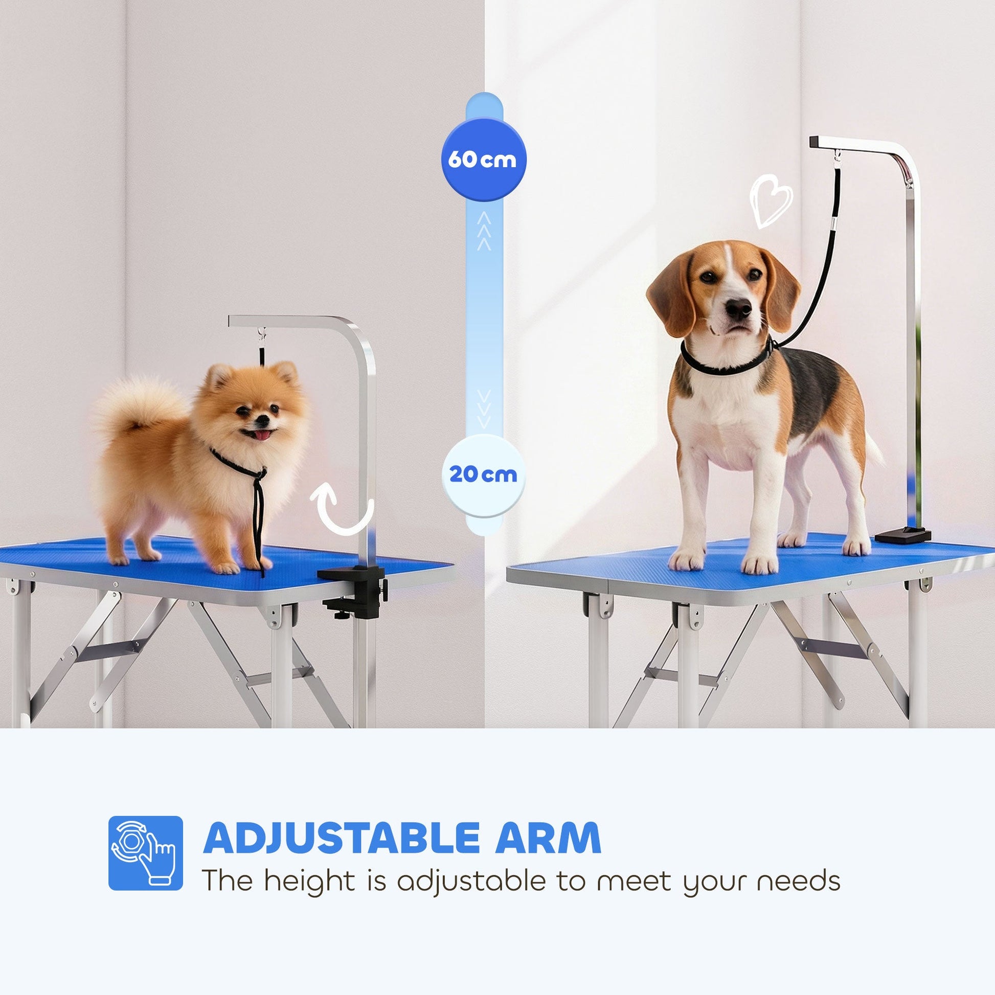 Foldable Dog Grooming Table, 32" Portable Pet Grooming Table with Height Adjustable Arm and Anti-Slip Rubber Top for Small Medium Dogs and Cats, Blue