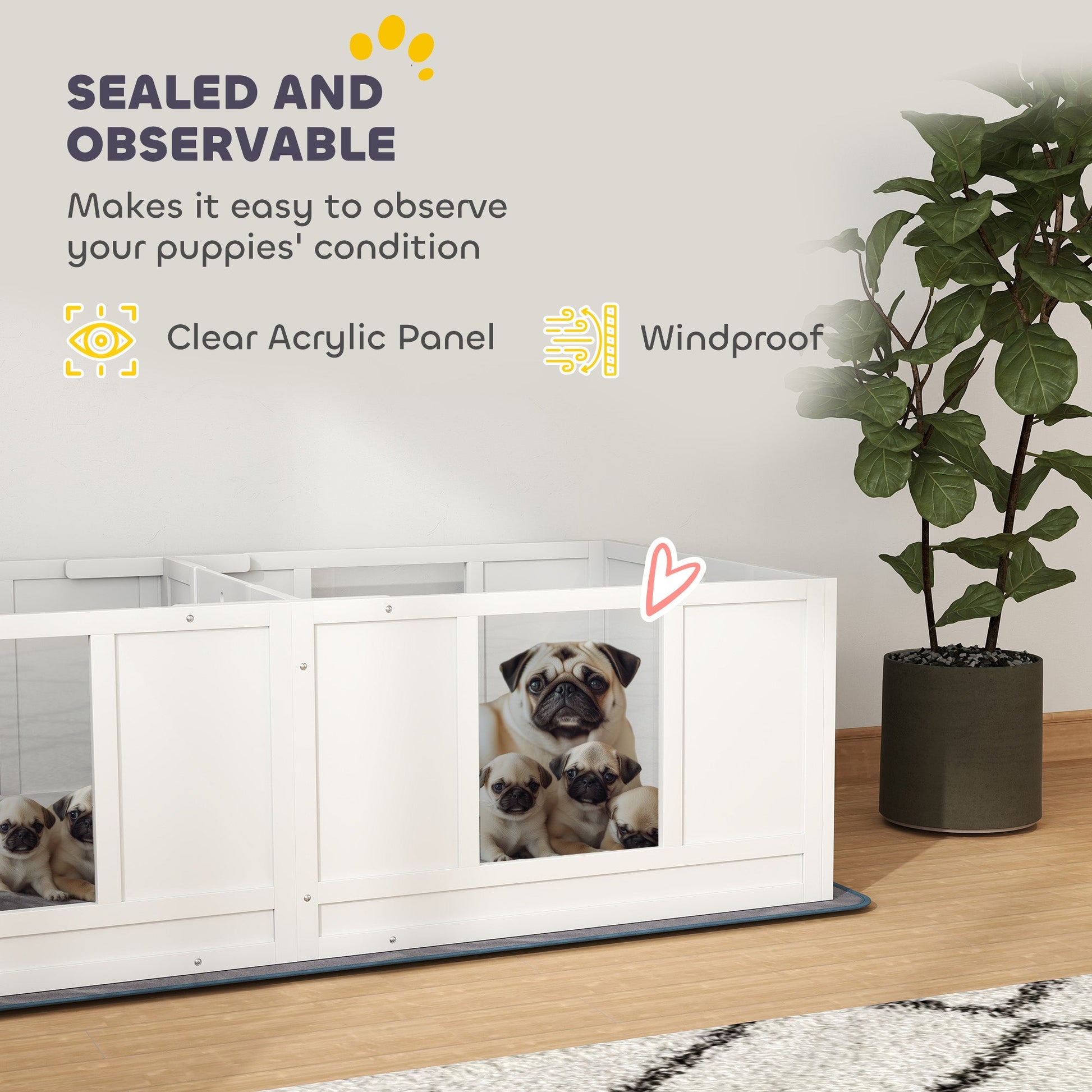Whelping Box for Dogs with Water-Resistant Washable Whelping Pad, Dog Whelping Box with Clear Panels, Adjustable Entrance, Two Room Design, Non-Slip Foot Pads, for Small Dogs, 164 x 80cm
