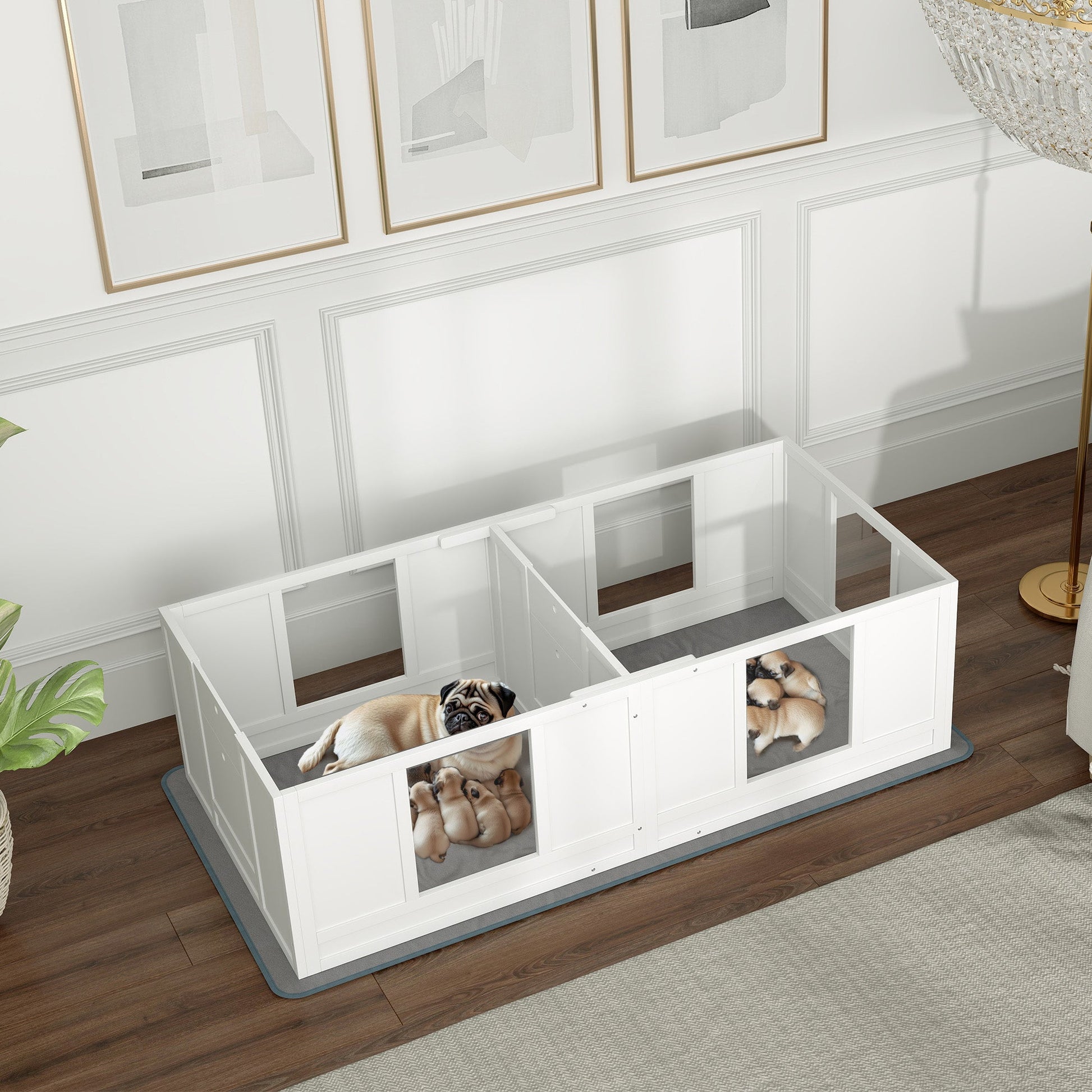 Whelping Box for Dogs with Water-Resistant Washable Whelping Pad, Dog Whelping Box with Clear Panels, Adjustable Entrance, Two Room Design, Non-Slip Foot Pads, for Small Dogs, 164 x 80cm