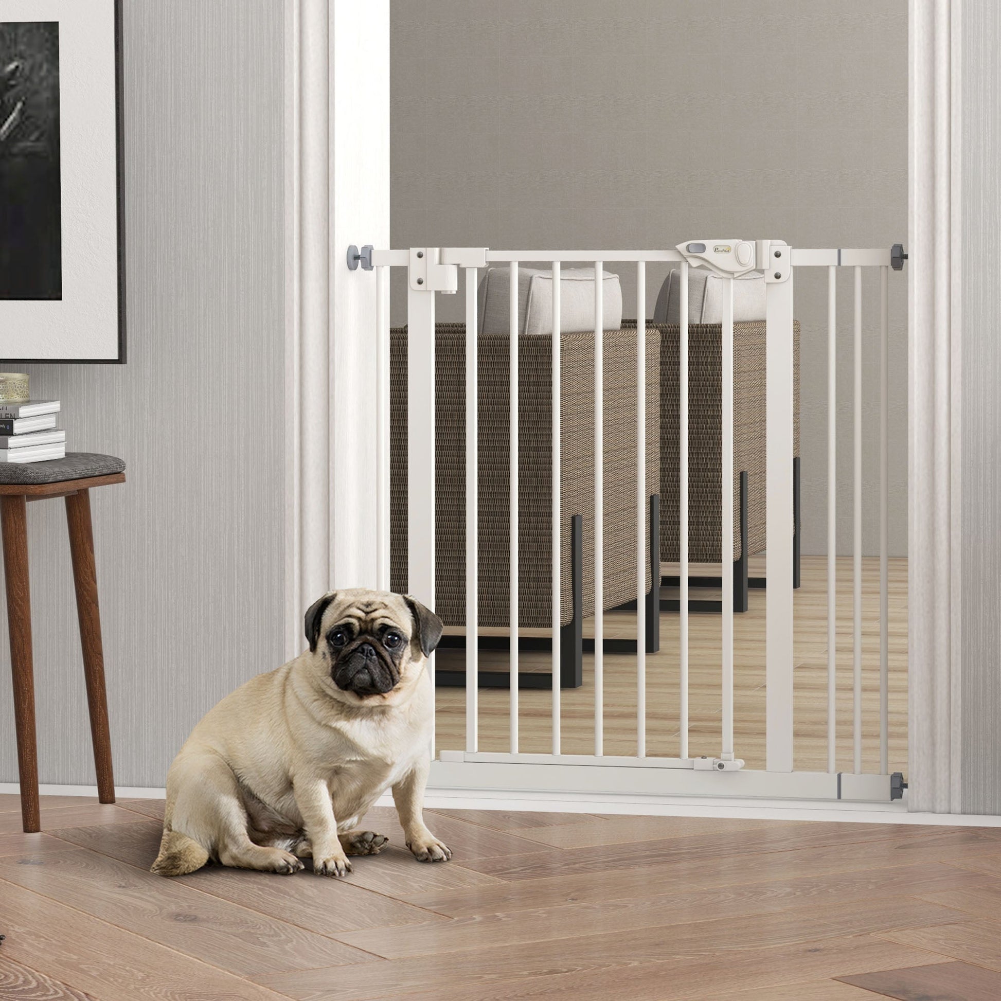 Dog Gate Stair Gate Pressure Fit Pets Barrier Auto Close for Doorway Hallway, 74-87cm Wide Adjustable, White