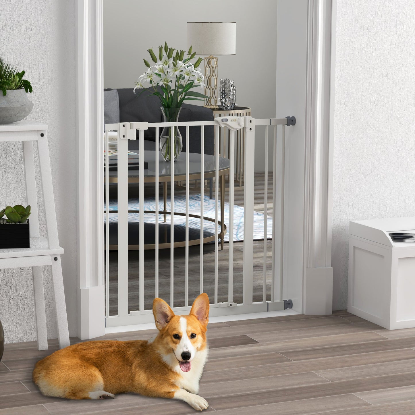 Dog Gate Stair Gate Pressure Fit Pets Barrier Auto Close for Doorway Hallway, 74-87cm Wide Adjustable, White