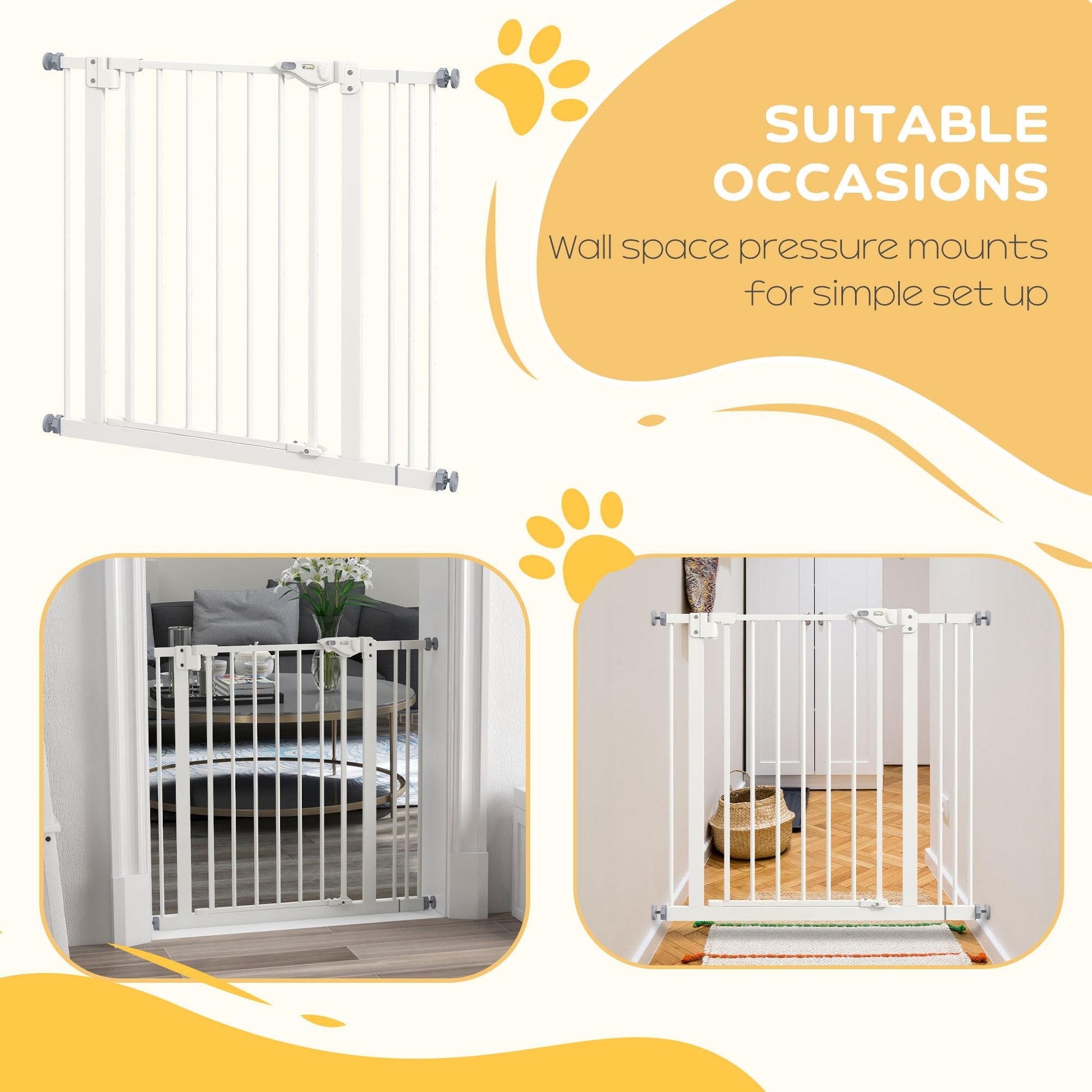 Dog Gate Stair Gate Pressure Fit Pets Barrier Auto Close for Doorway Hallway, 74-87cm Wide Adjustable, White