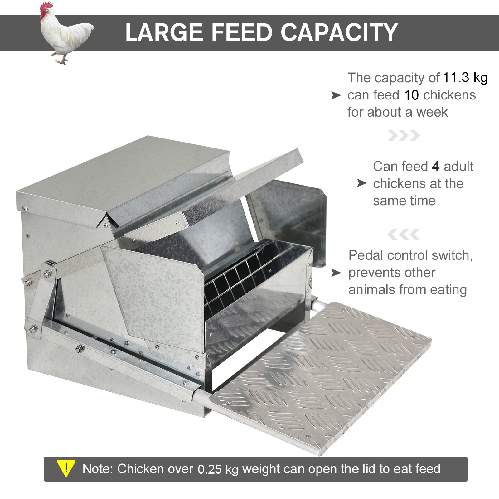 11.5KG Automatic Chicken Poultry Feeder Rat Proof Treadle Self Opening with Galvanized Steel and Aluminium