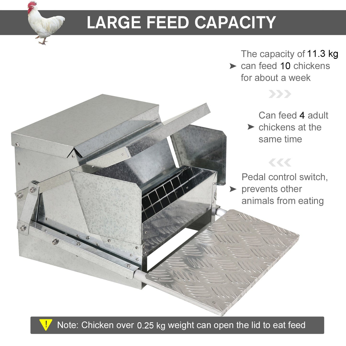 11.5KG Automatic Chicken Poultry Feeder Rat Proof Treadle Self Opening with Galvanized Steel and Aluminium
