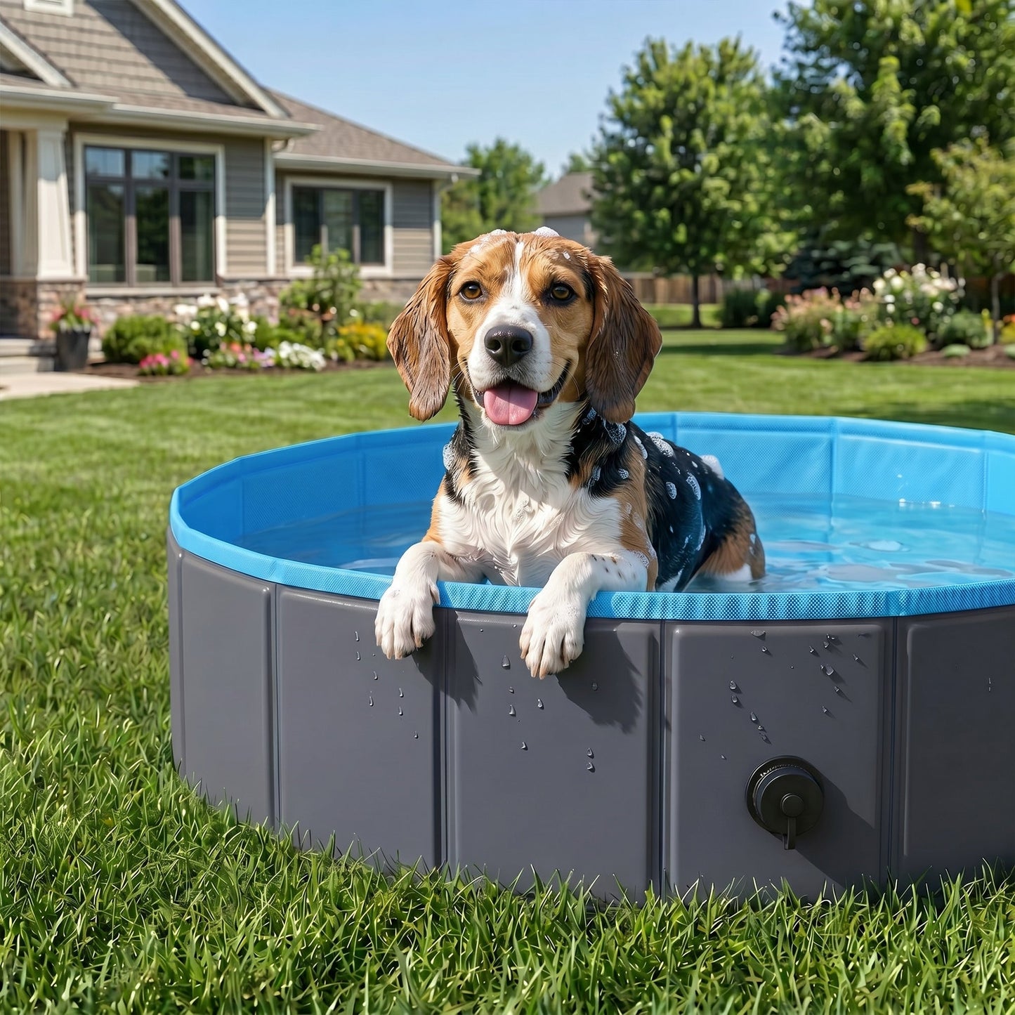 Foldable Dog Pool for Puppies and Ducks, Thickened PVC Dog Paddling Pool Bath Tub Hard Board, Anti-Slip Bottom and Hose Adapter for Easy Drainage, 100 x 30cm, Blue and Dark Grey