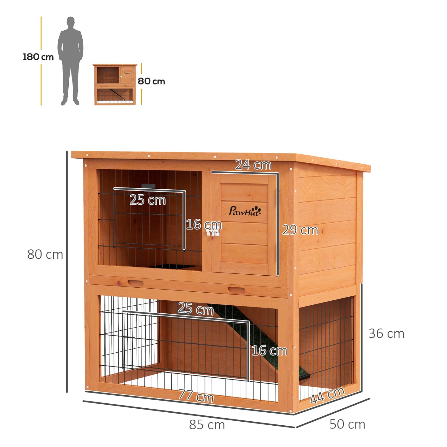 Rabbit Hutch Guinea Pig Hutch Wooden with No-Leak Tray, Asphalt Roof, Antiseptic Wood Outdoor for 1-2 Rabbits 85 x 50 x 80cm - Orange
