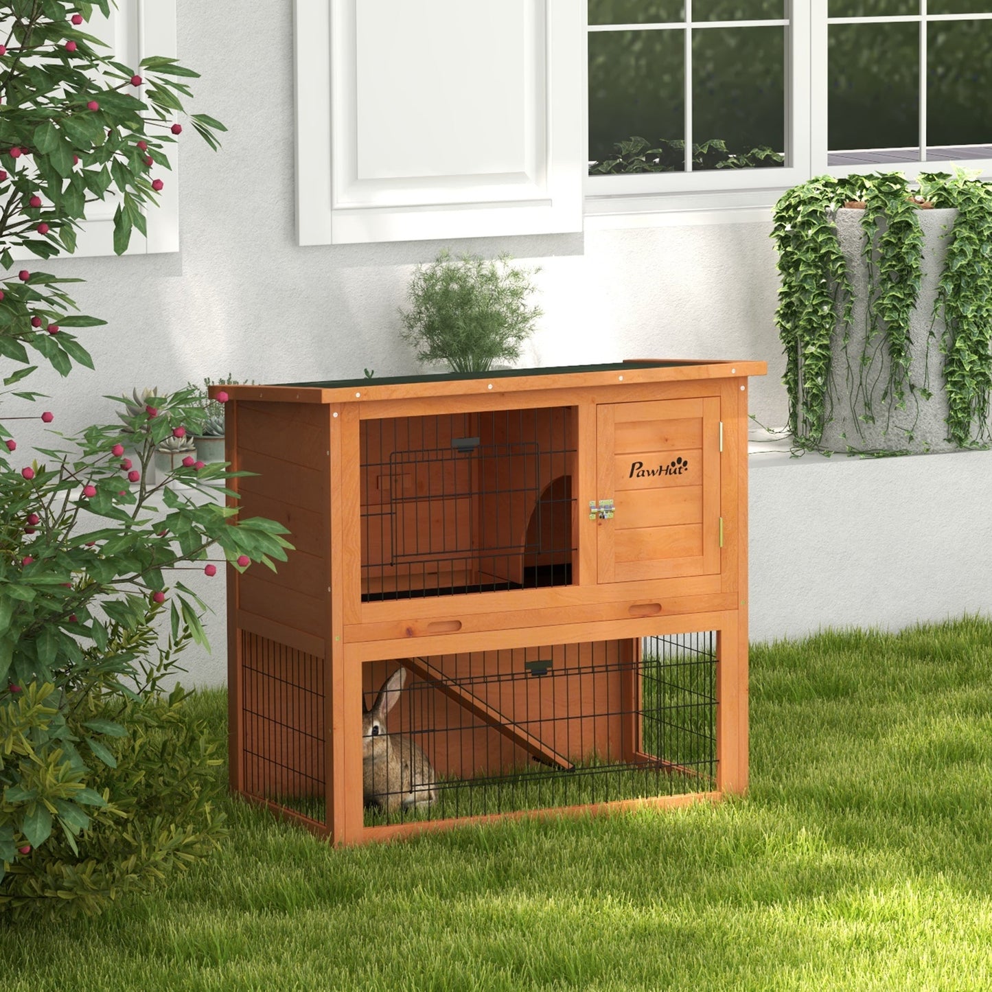 Rabbit Hutch Guinea Pig Hutch Wooden with No-Leak Tray, Asphalt Roof, Antiseptic Wood Outdoor for 1-2 Rabbits 85 x 50 x 80cm - Orange