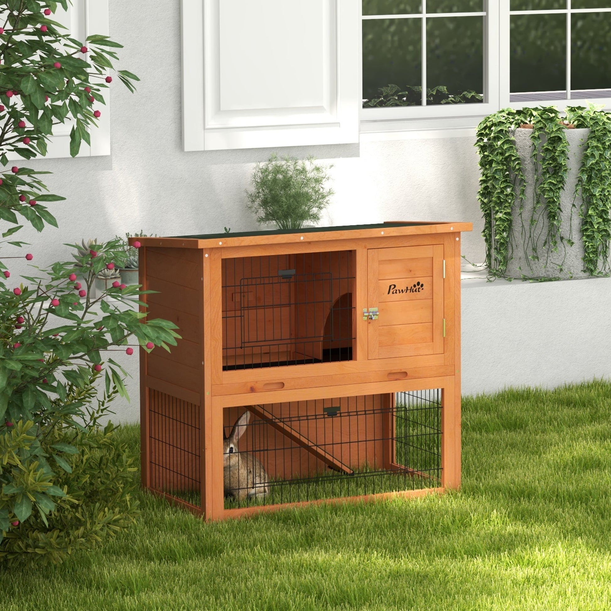 Rabbit Hutch Guinea Pig Hutch Wooden with No-Leak Tray, Asphalt Roof, Antiseptic Wood Outdoor for 1-2 Rabbits 85 x 50 x 80cm - Orange