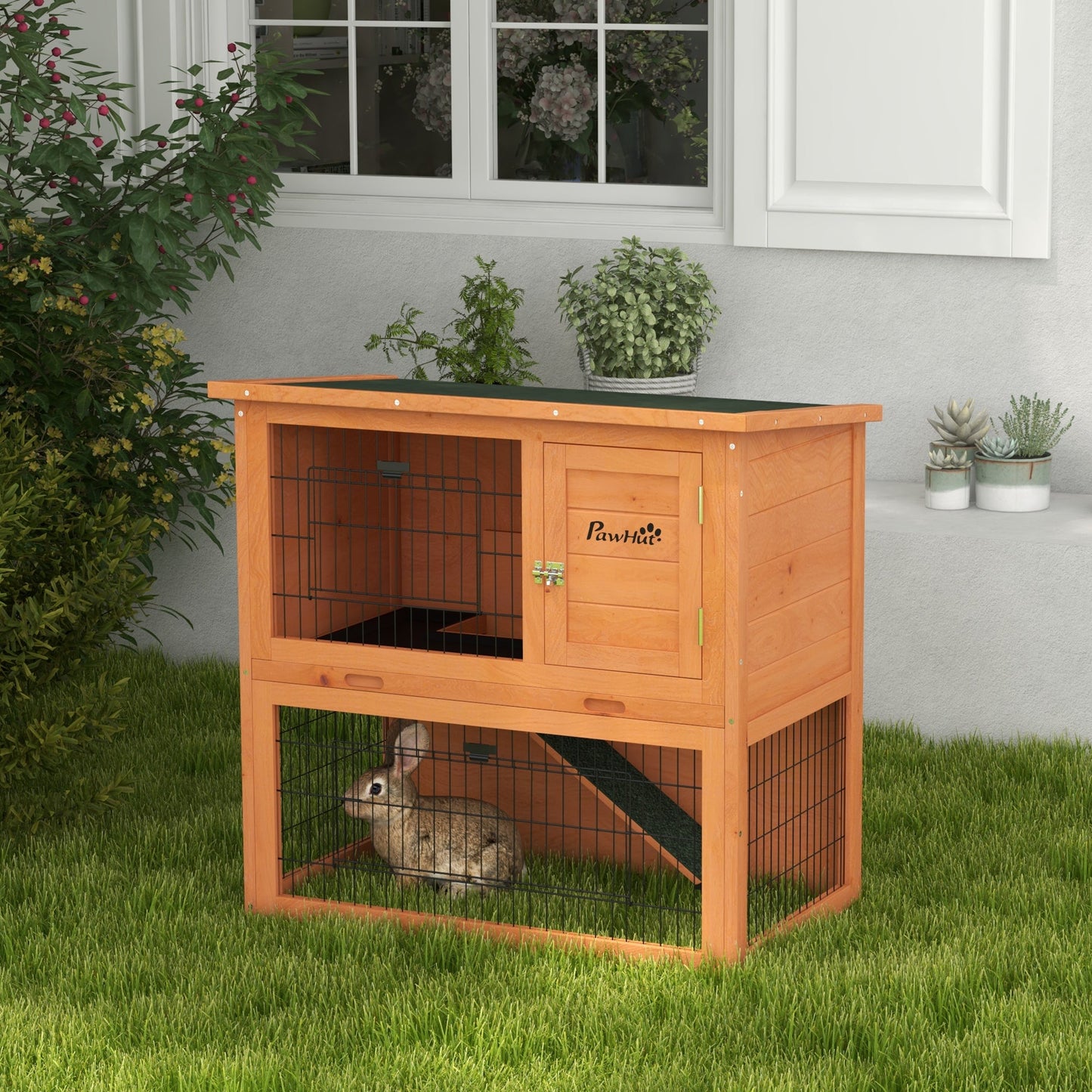 Rabbit Hutch Guinea Pig Hutch Wooden with No-Leak Tray, Asphalt Roof, Antiseptic Wood Outdoor for 1-2 Rabbits 85 x 50 x 80cm - Orange