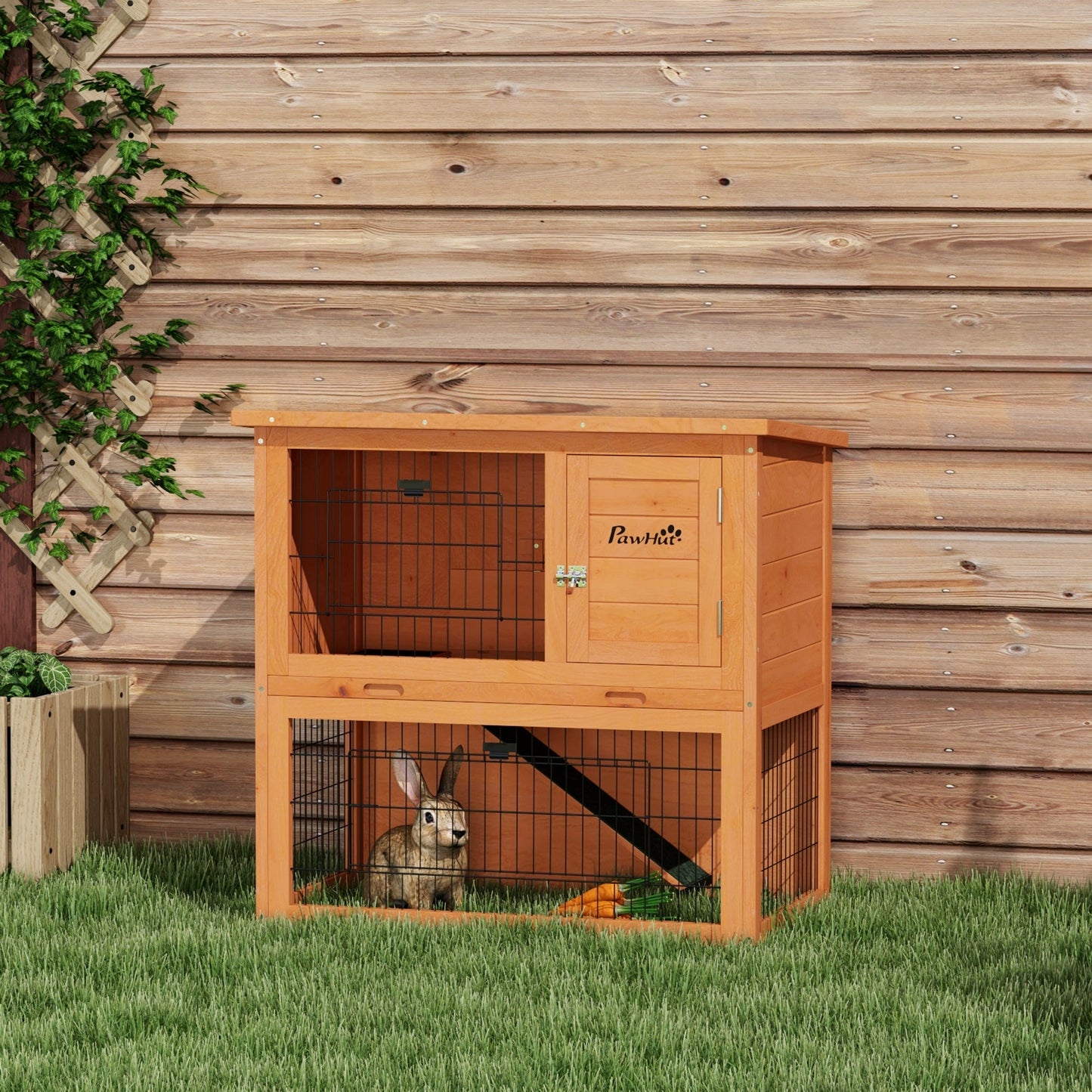 Rabbit Hutch Guinea Pig Hutch Wooden with No-Leak Tray, Asphalt Roof, Antiseptic Wood Outdoor for 1-2 Rabbits 85 x 50 x 80cm - Orange