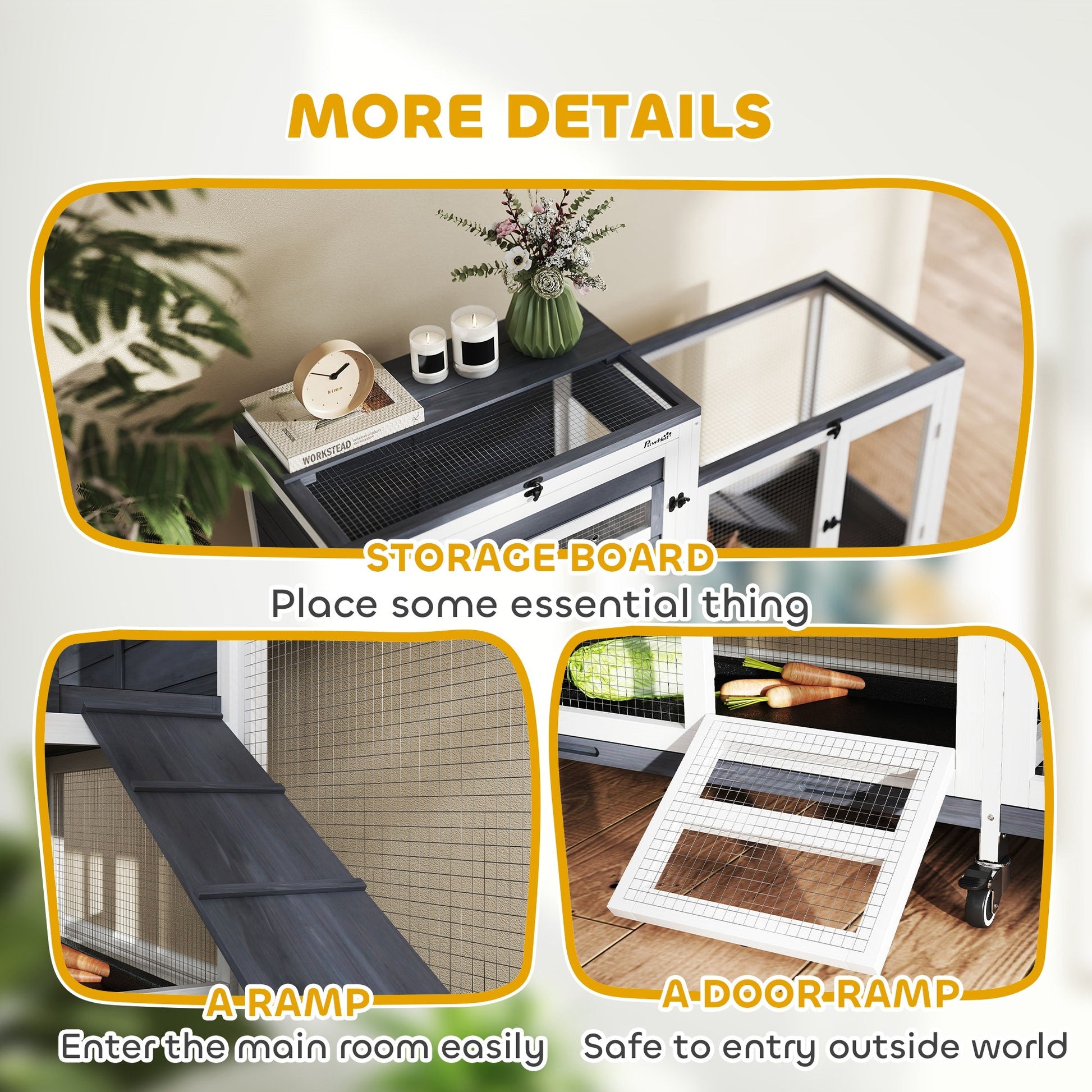 Rabbit Hutch with Run, 2-Tier Wooden Guinea Pig Hutch with Wheels, 2 Openable Tops, 3 Plastic Trays, Small Animal House Indoor for 2-3 Bunnies, Guinea Pigs, 147 x 45 x 89.5cm, Grey