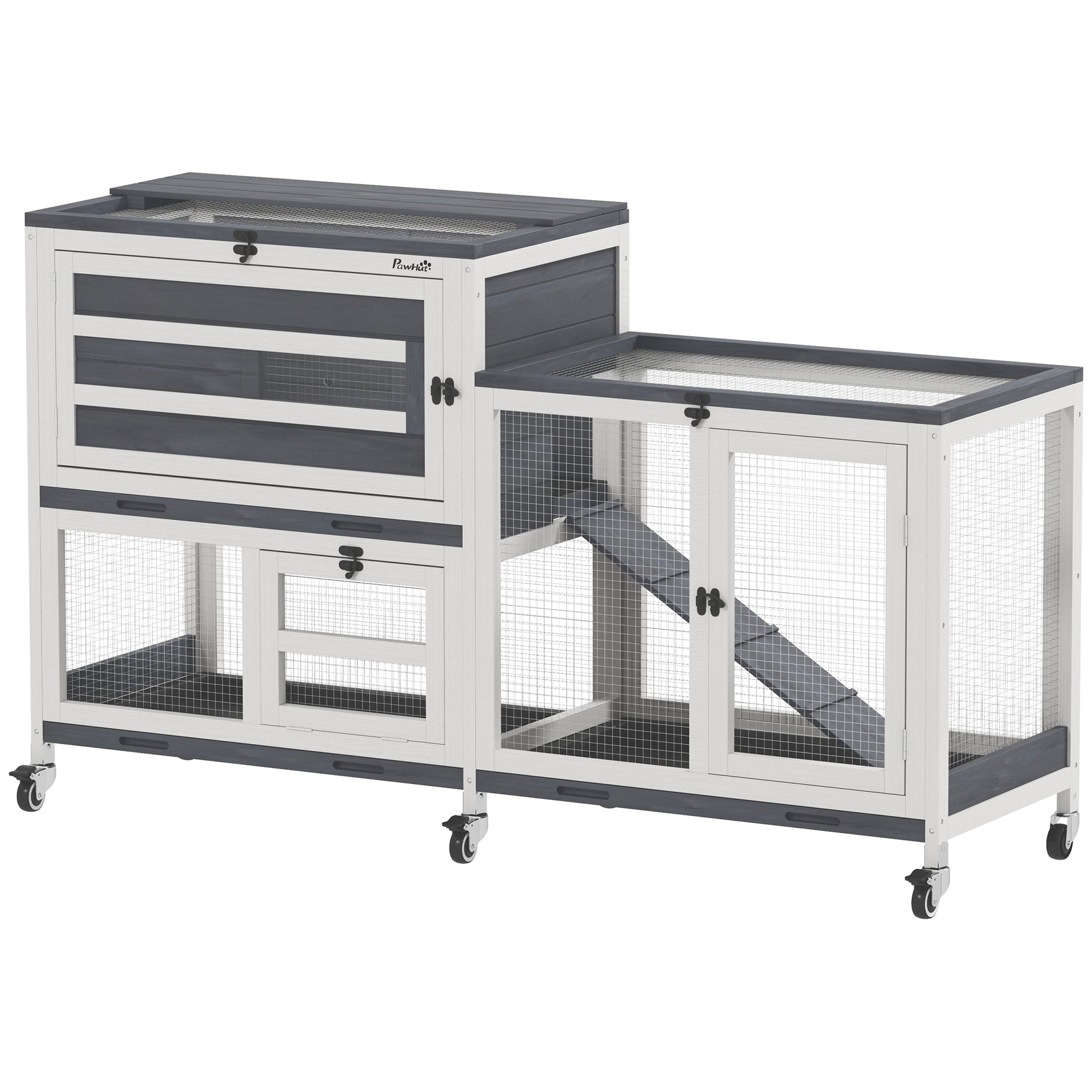 Rabbit Hutch with Run, 2-Tier Wooden Guinea Pig Hutch with Wheels, 2 Openable Tops, 3 Plastic Trays, Small Animal House Indoor for 2-3 Bunnies, Guinea Pigs, 147 x 45 x 89.5cm, Grey