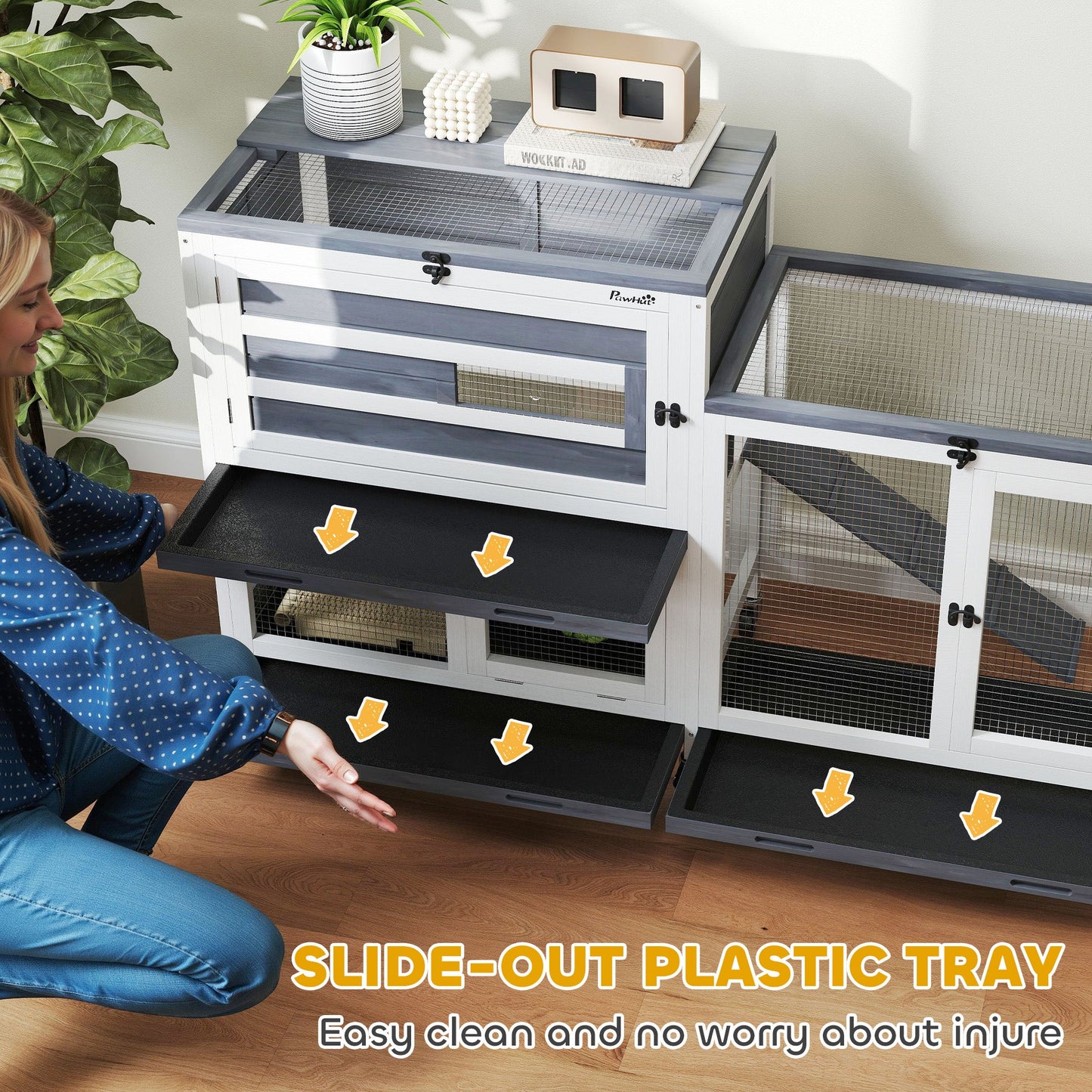 Rabbit Hutch with Run, 2-Tier Wooden Guinea Pig Hutch with Wheels, 2 Openable Tops, 3 Plastic Trays, Small Animal House Indoor for 2-3 Bunnies, Guinea Pigs, 147 x 45 x 89.5cm, Grey