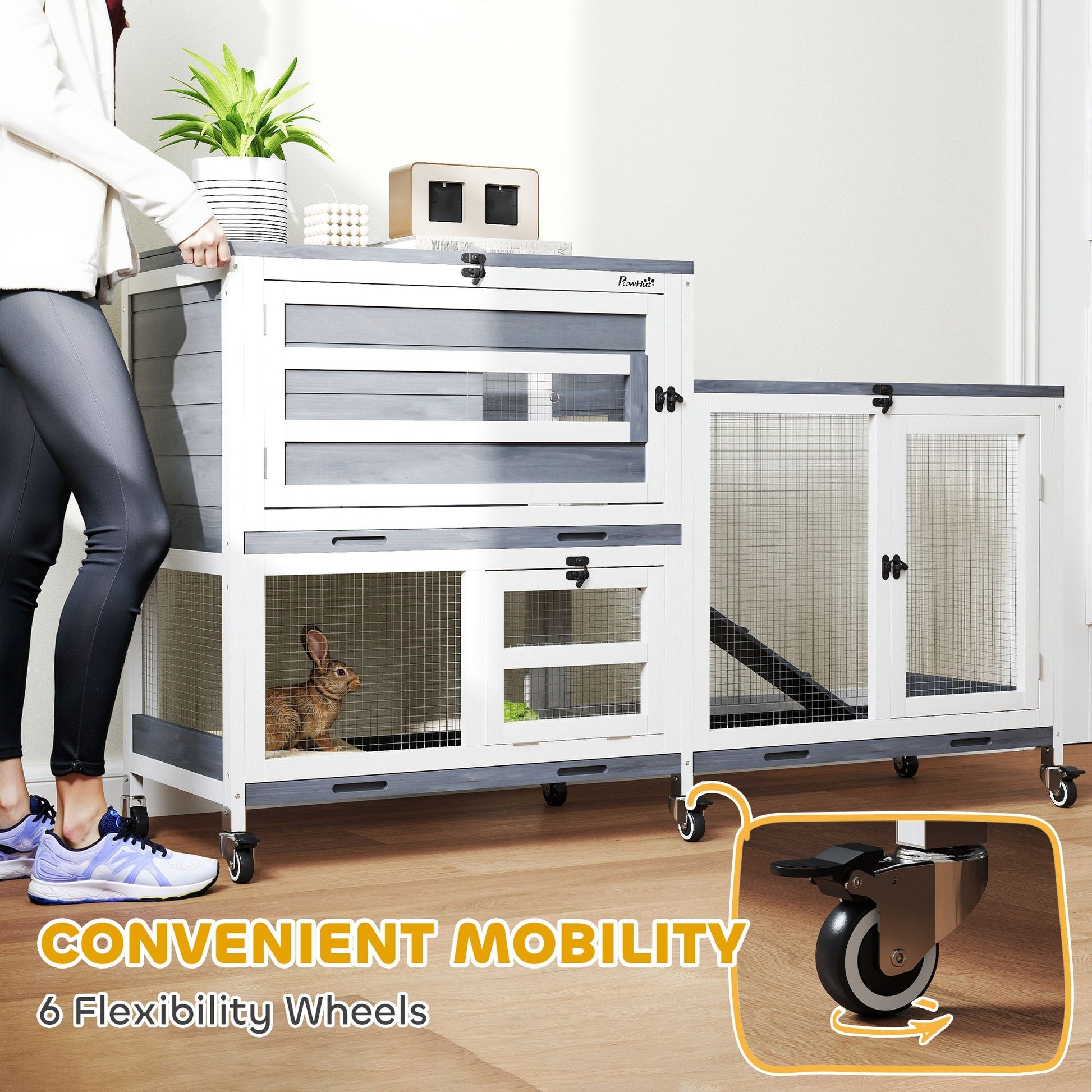 Rabbit Hutch with Run, 2-Tier Wooden Guinea Pig Hutch with Wheels, 2 Openable Tops, 3 Plastic Trays, Small Animal House Indoor for 2-3 Bunnies, Guinea Pigs, 147 x 45 x 89.5cm, Grey