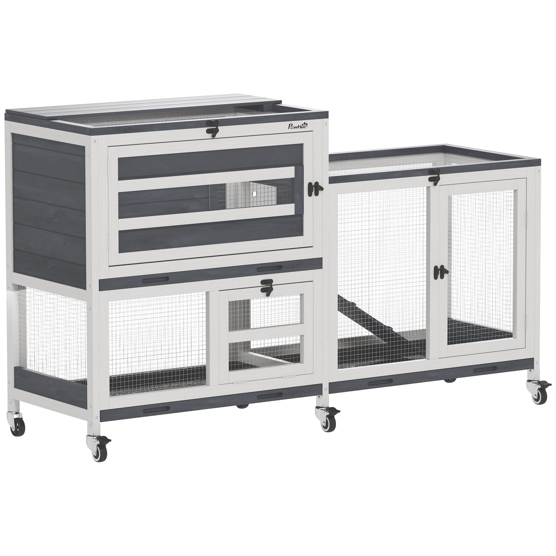 Rabbit Hutch with Run, 2-Tier Wooden Guinea Pig Hutch with Wheels, 2 Openable Tops, 3 Plastic Trays, Small Animal House Indoor for 2-3 Bunnies, Guinea Pigs, 147 x 45 x 89.5cm, Grey