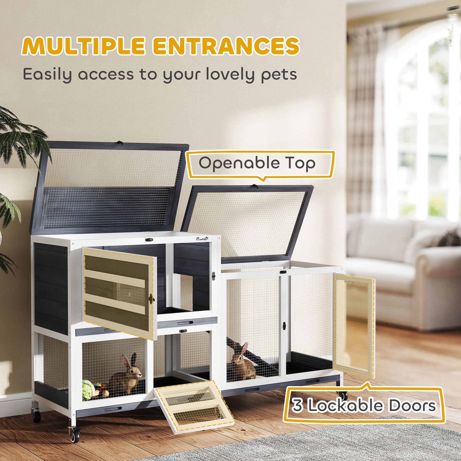 Rabbit Hutch with Run, 2-Tier Wooden Guinea Pig Hutch with Wheels, 2 Openable Tops, 3 Plastic Trays, Small Animal House Indoor for 2-3 Bunnies, Guinea Pigs, 147 x 45 x 89.5cm, Grey