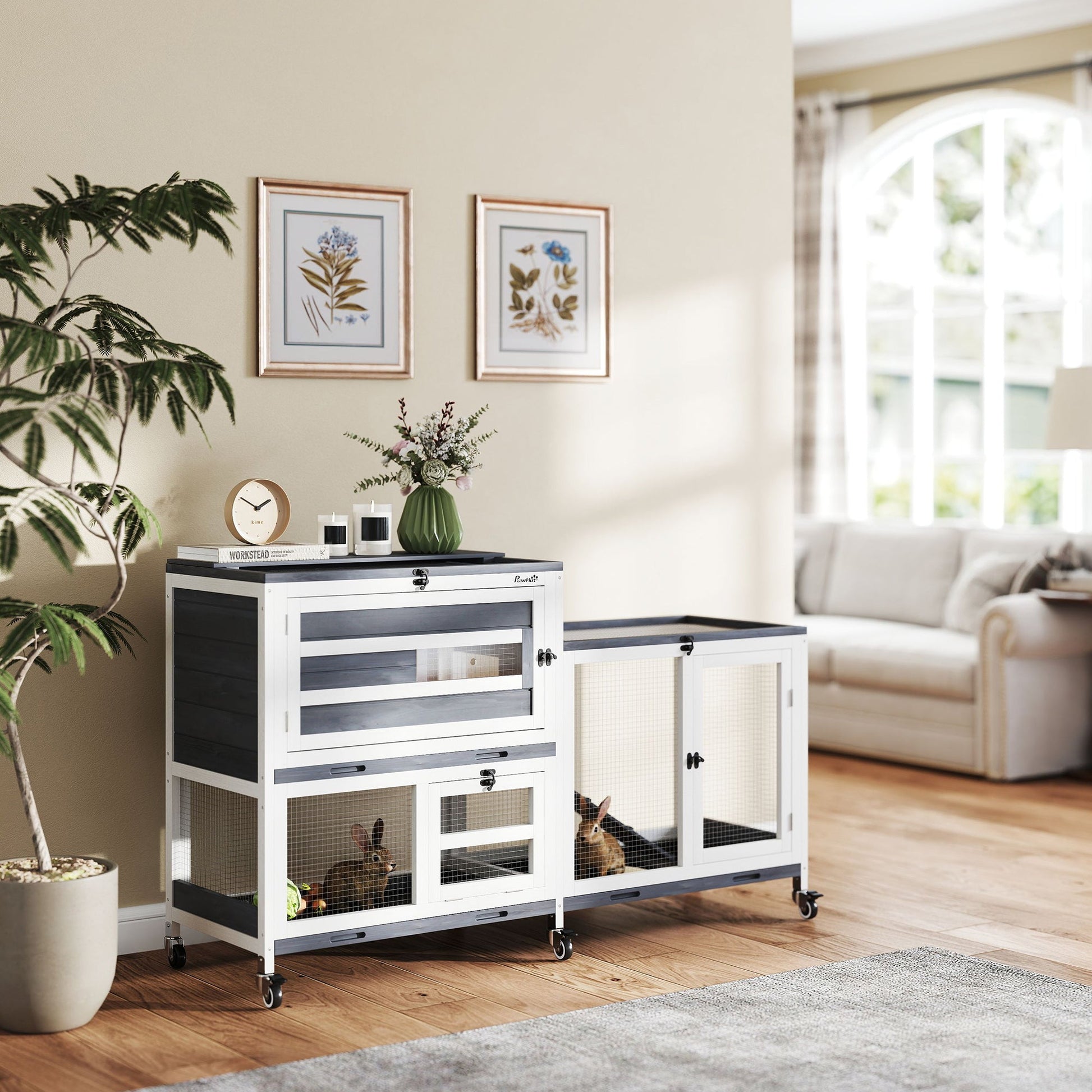 Rabbit Hutch with Run, 2-Tier Wooden Guinea Pig Hutch with Wheels, 2 Openable Tops, 3 Plastic Trays, Small Animal House Indoor for 2-3 Bunnies, Guinea Pigs, 147 x 45 x 89.5cm, Grey