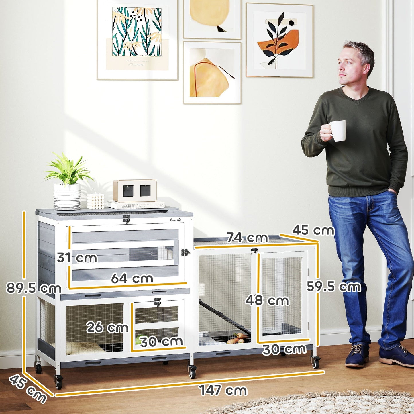 Rabbit Hutch with Run, 2-Tier Wooden Guinea Pig Hutch with Wheels, 2 Openable Tops, 3 Plastic Trays, Small Animal House Indoor for 2-3 Bunnies, Guinea Pigs, 147 x 45 x 89.5cm, Grey
