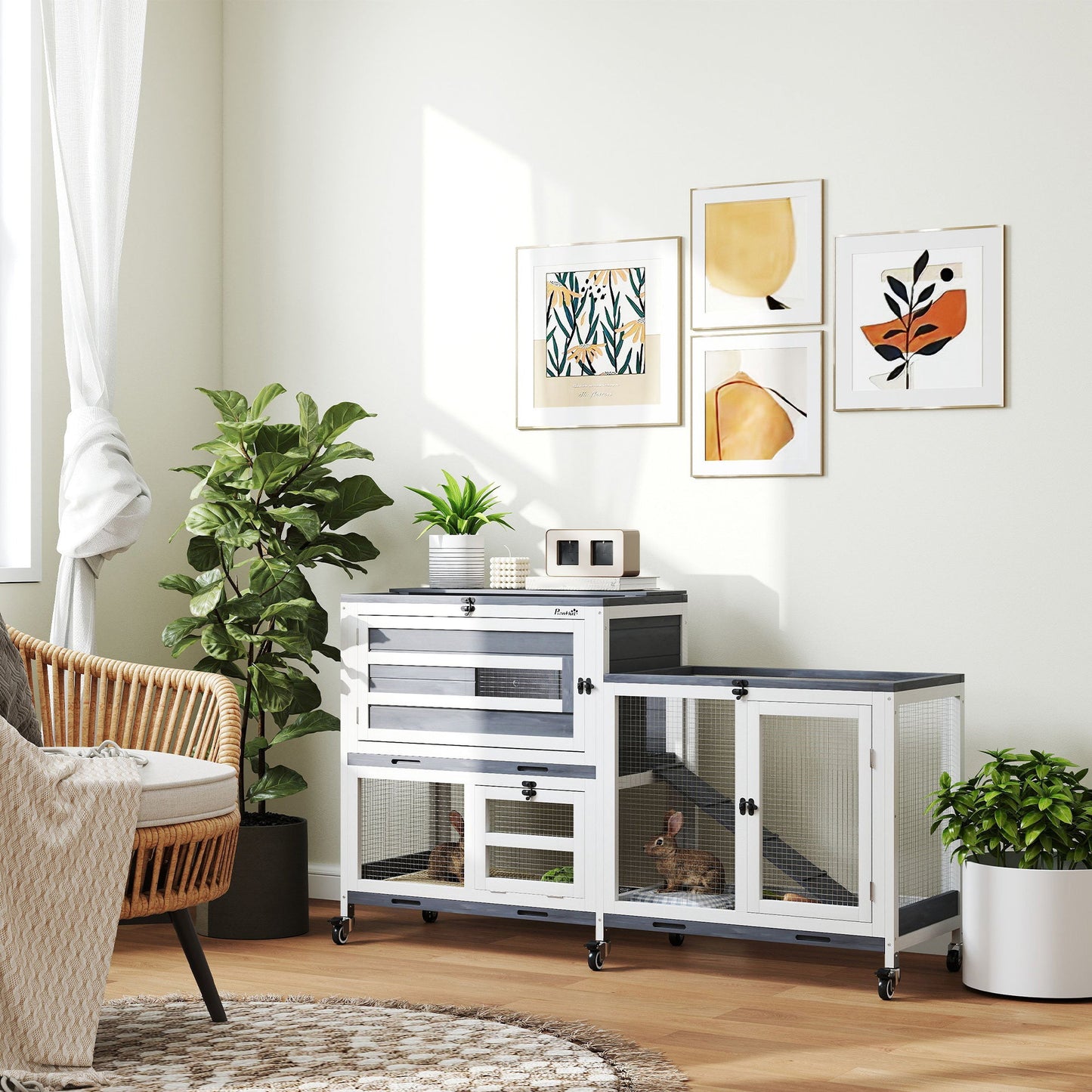 Rabbit Hutch with Run, 2-Tier Wooden Guinea Pig Hutch with Wheels, 2 Openable Tops, 3 Plastic Trays, Small Animal House Indoor for 2-3 Bunnies, Guinea Pigs, 147 x 45 x 89.5cm, Grey