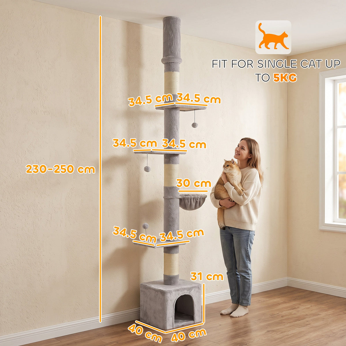 Floor to Ceiling Cat Tree, 230-250cm Multi-Level Cat Tower with Adjustable Height, Scratching Posts, Condo, Platforms and 3 Dangling Balls, Activity Tree for Indoor Kittens, Light Grey