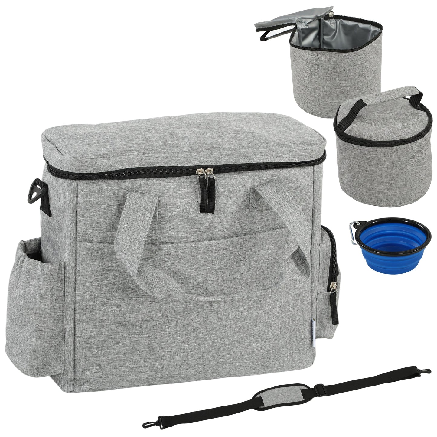 Dog Travel Bag, Dog Walking Bag with Multiple Pockets, Two Food Containers and Silicone Collapsible Bowl, Treat Pouch Bag for Cat Puppy Picnic Camping, Light Grey