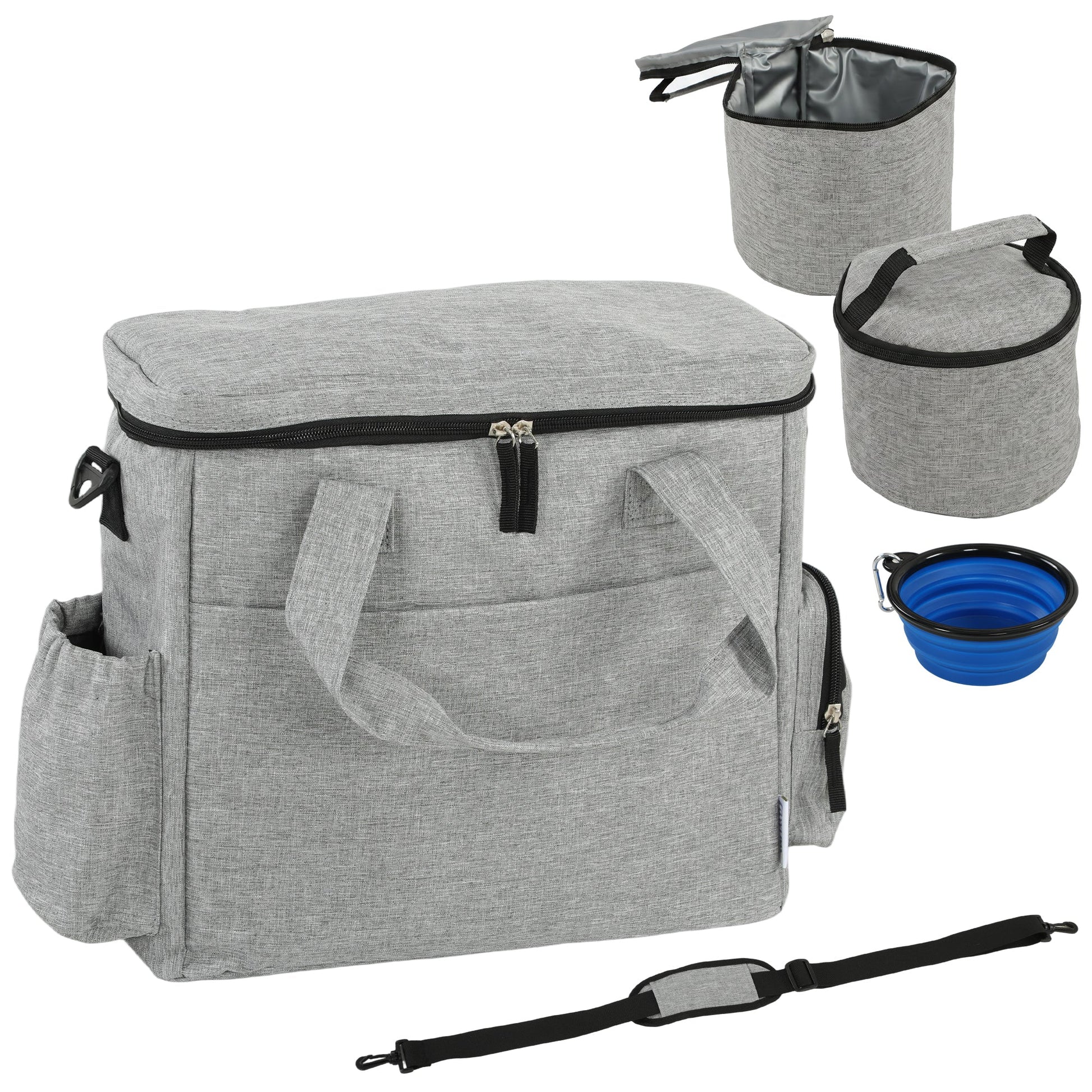 Dog Travel Bag, Dog Walking Bag with Multiple Pockets, Two Food Containers and Silicone Collapsible Bowl, Treat Pouch Bag for Cat Puppy Picnic Camping, Light Grey