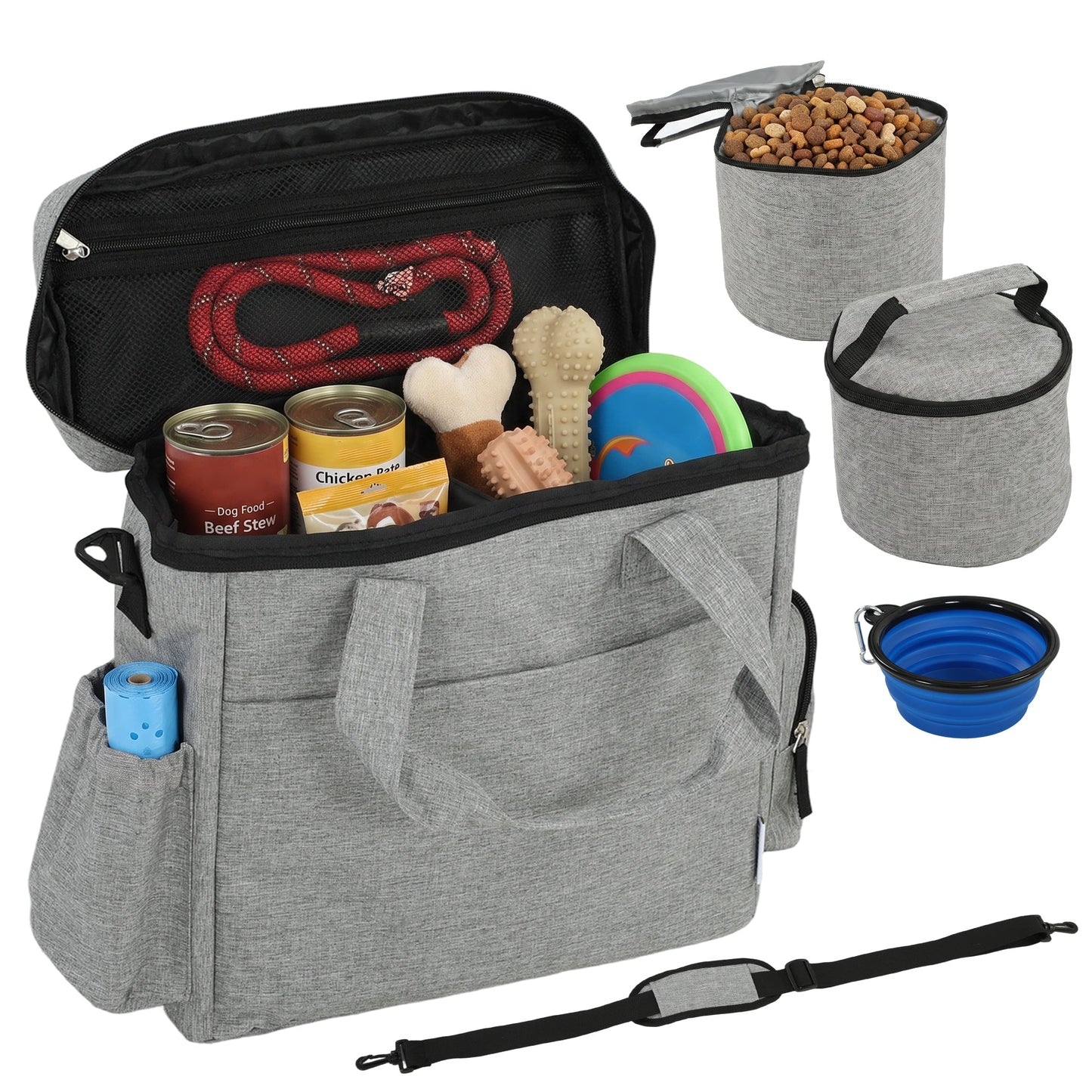Dog Travel Bag, Dog Walking Bag with Multiple Pockets, Two Food Containers and Silicone Collapsible Bowl, Treat Pouch Bag for Cat Puppy Picnic Camping, Light Grey