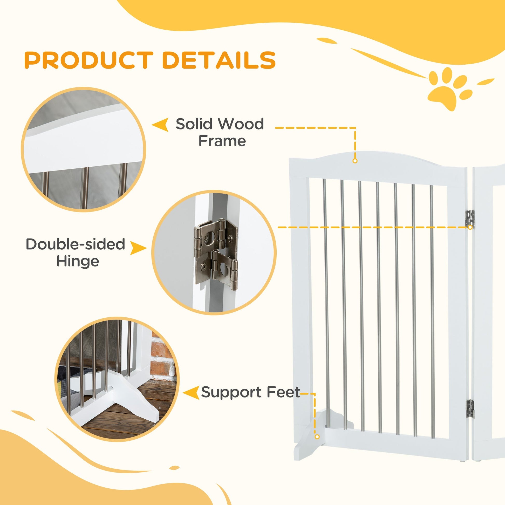Foldable Dog Gate, Freestanding Pet Gate, Dog Barrier with Two Support Feet, for Doorways, Stairs, Halls - White