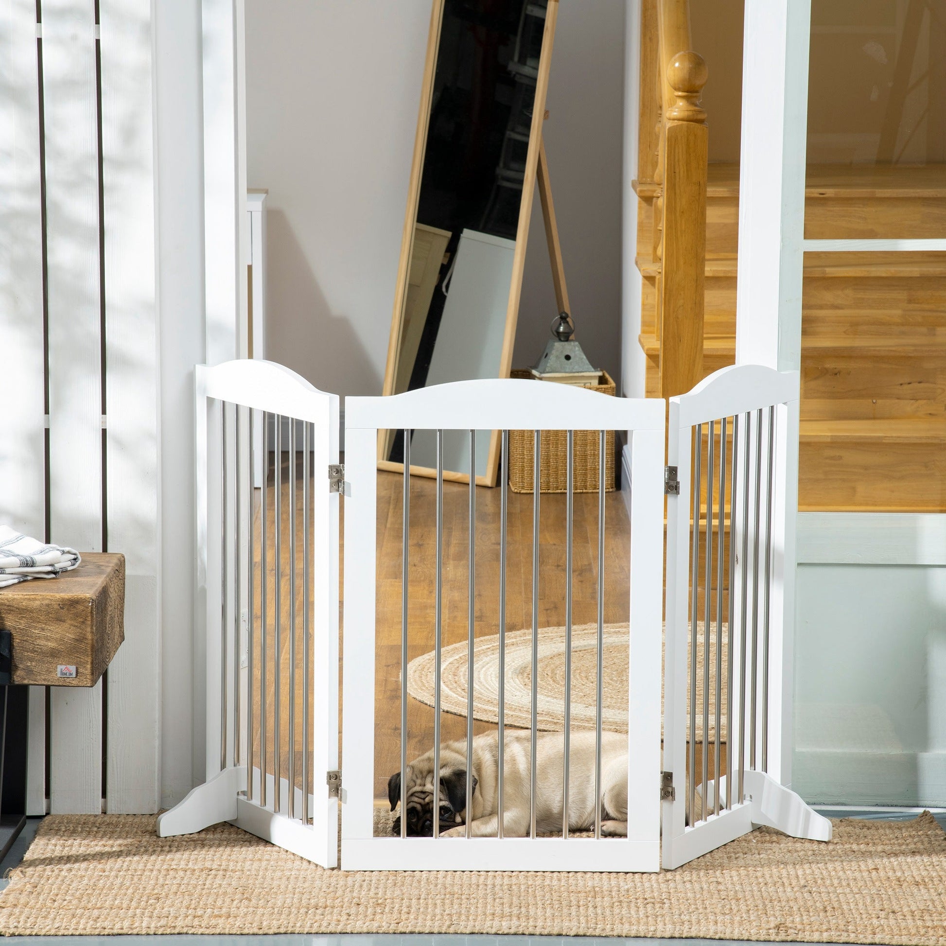 Foldable Dog Gate, Freestanding Pet Gate, Dog Barrier with Two Support Feet, for Doorways, Stairs, Halls - White
