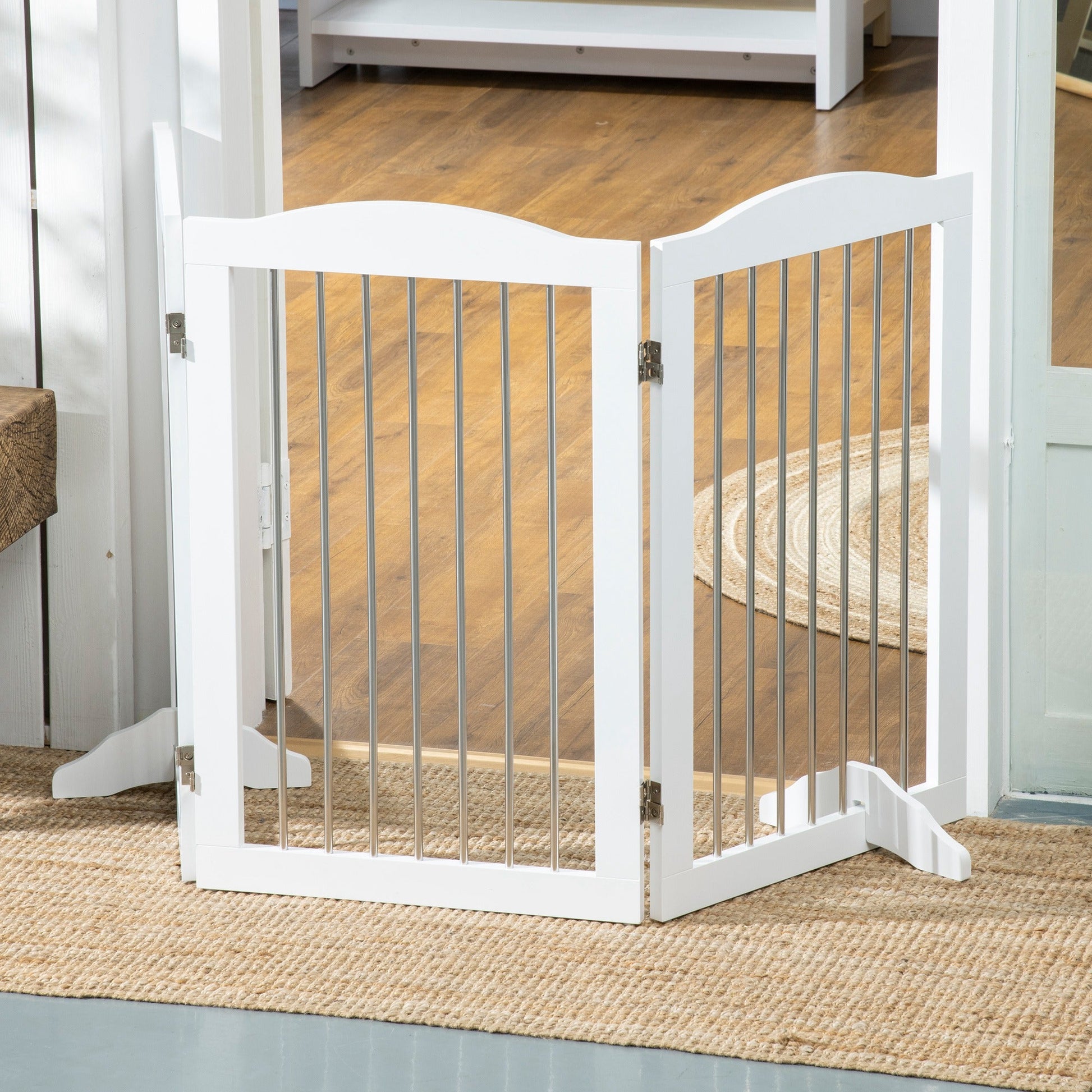 Foldable Dog Gate, Freestanding Pet Gate, Dog Barrier with Two Support Feet, for Doorways, Stairs, Halls - White