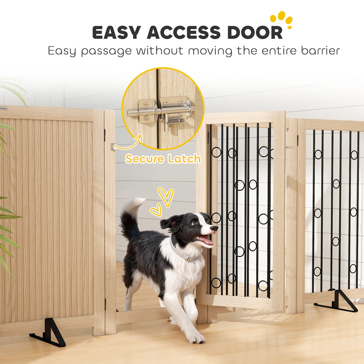Freestanding Pet Gate, Foldable Dog Gate with Lockable Door, Metal Support Feet & 360° Flexible Hinges, 4 Panel Indoor Dog Barrier for House, Stairs, Doorway, 205 x 30.5 x 91.5 cm, Oak