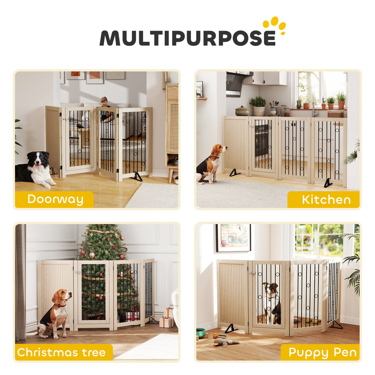 Freestanding Pet Gate, Foldable Dog Gate with Lockable Door, Metal Support Feet & 360° Flexible Hinges, 4 Panel Indoor Dog Barrier for House, Stairs, Doorway, 205 x 30.5 x 91.5 cm, Oak